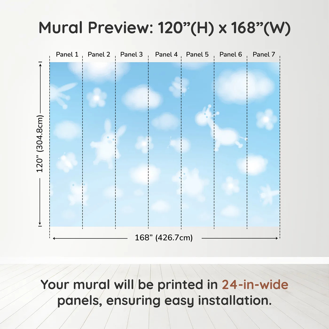 Whimsy Tots Animal Cloud Gazing Wall Muraldimension view (120" H x 168" W). Printed in seven 24-inch-wide panels. Gender-Neutral