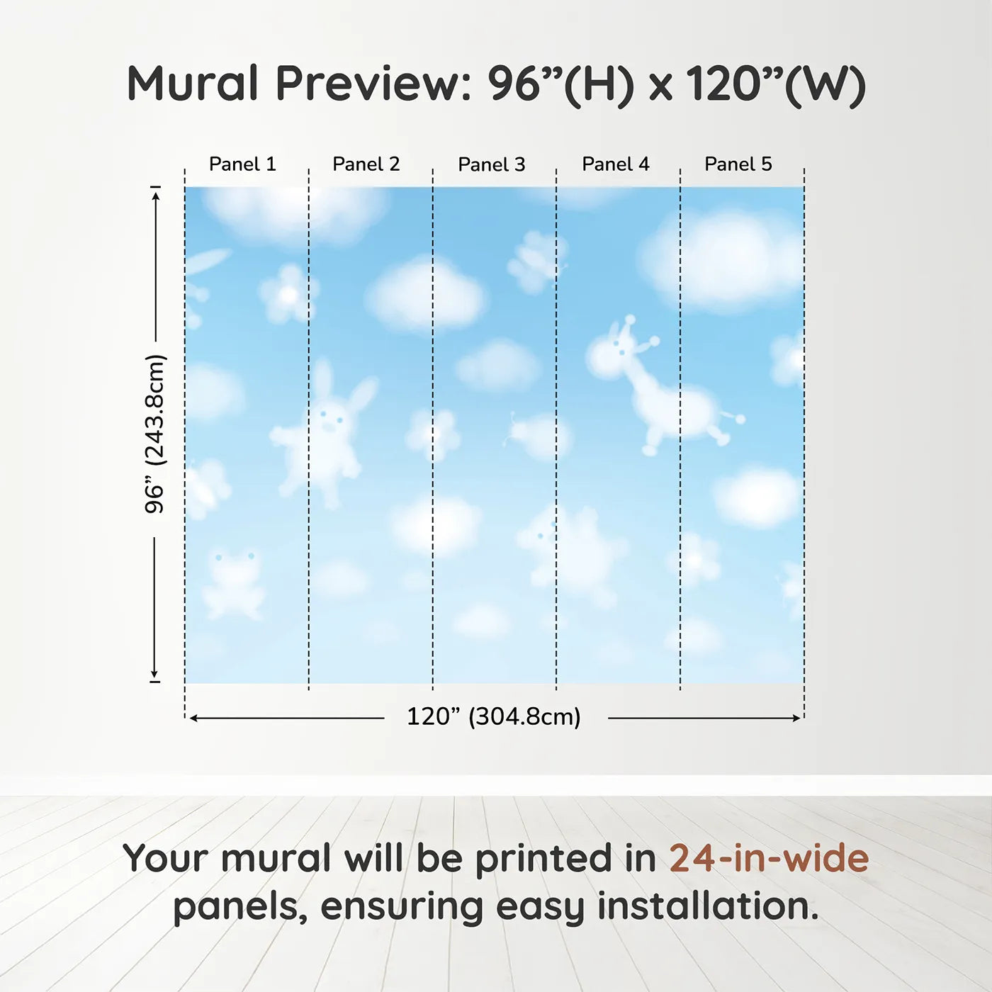 Whimsy Tots Animal Cloud Gazing Wall Muraldimension view (96" H x 120" W). Printed in five 24-inch-wide panels. Gender-Neutral