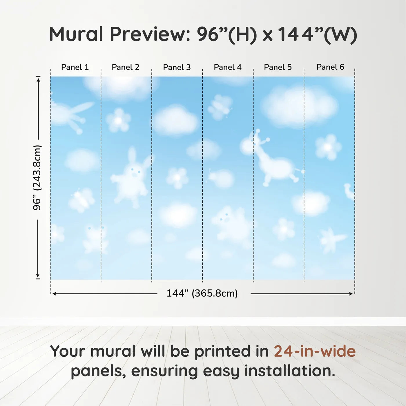 Whimsy Tots Animal Cloud Gazing Wall Muraldimension view (96" H x 144" W). Printed in six 24-inch-wide panels. Gender-Neutral