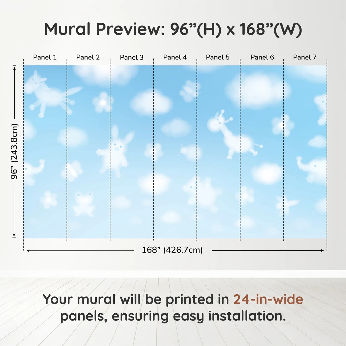 Whimsy Tots Animal Cloud Gazing Wall Muraldimension view (96" H x 168" W). Printed in seven 24-inch-wide panels. Gender-Neutral