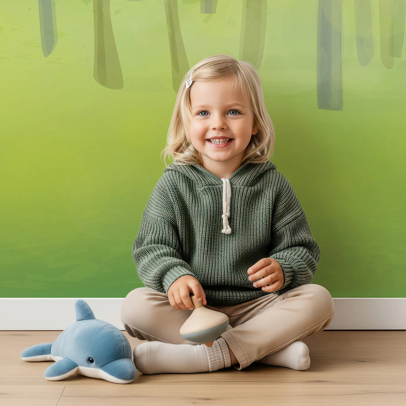 Child in front of Whimsy Tots Pink Cherry Blossom Border Wall Mural with flower, blossom, branch, pink, white, simple, floral, cherry blossom in design.