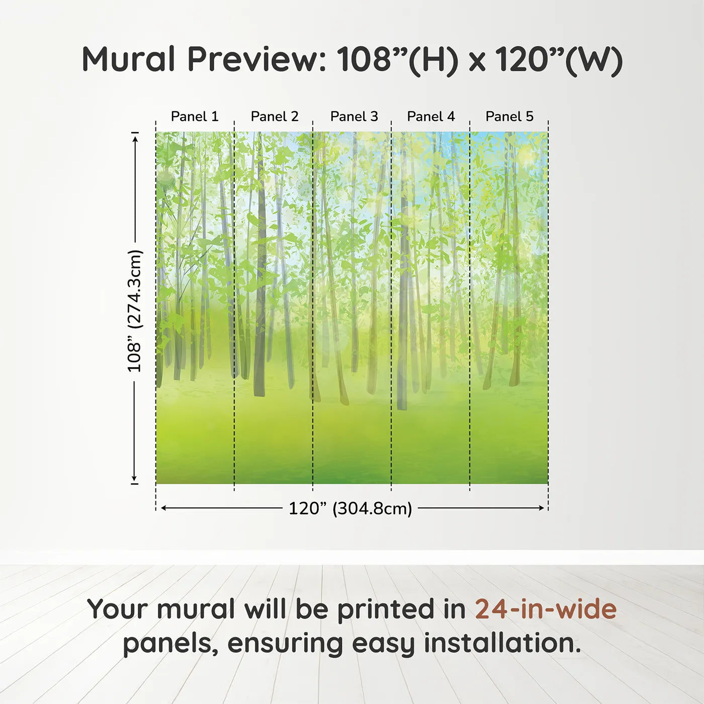 Whimsy Tots Pink Cherry Blossom Border Wall Muraldimension view (108" H x 120" W). Printed in five 24-inch-wide panels. Best for Girls