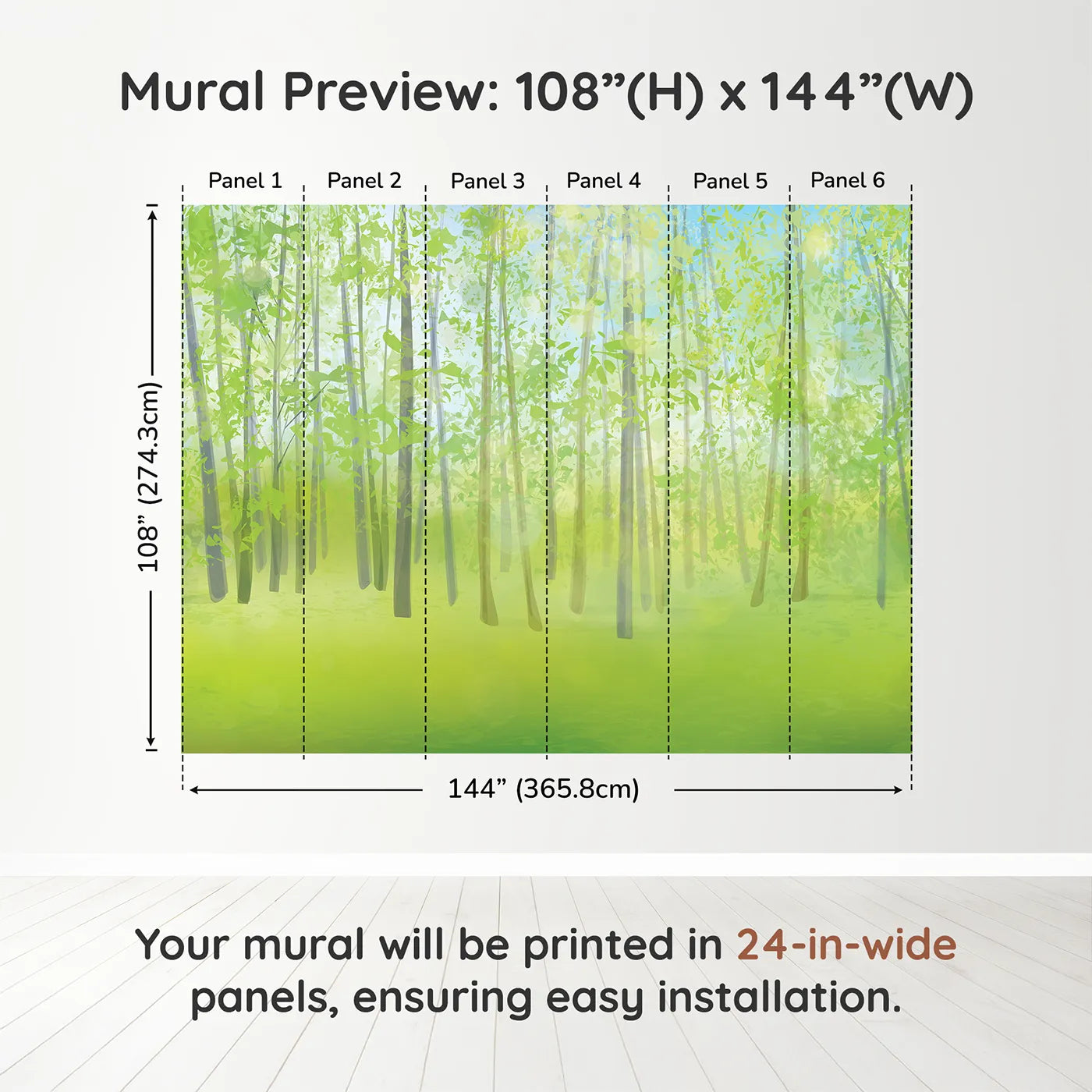 Whimsy Tots Pink Cherry Blossom Border Wall Muraldimension view (108" H x 144" W). Printed in six 24-inch-wide panels. Best for Girls