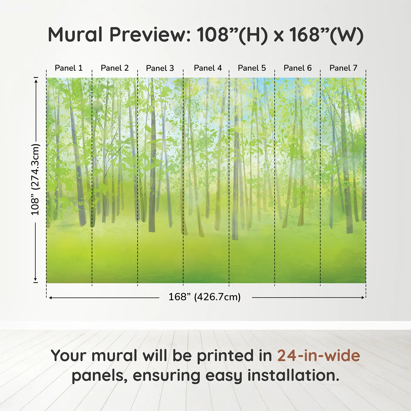 Whimsy Tots Pink Cherry Blossom Border Wall Muraldimension view (108" H x 168" W). Printed in seven 24-inch-wide panels. Best for Girls