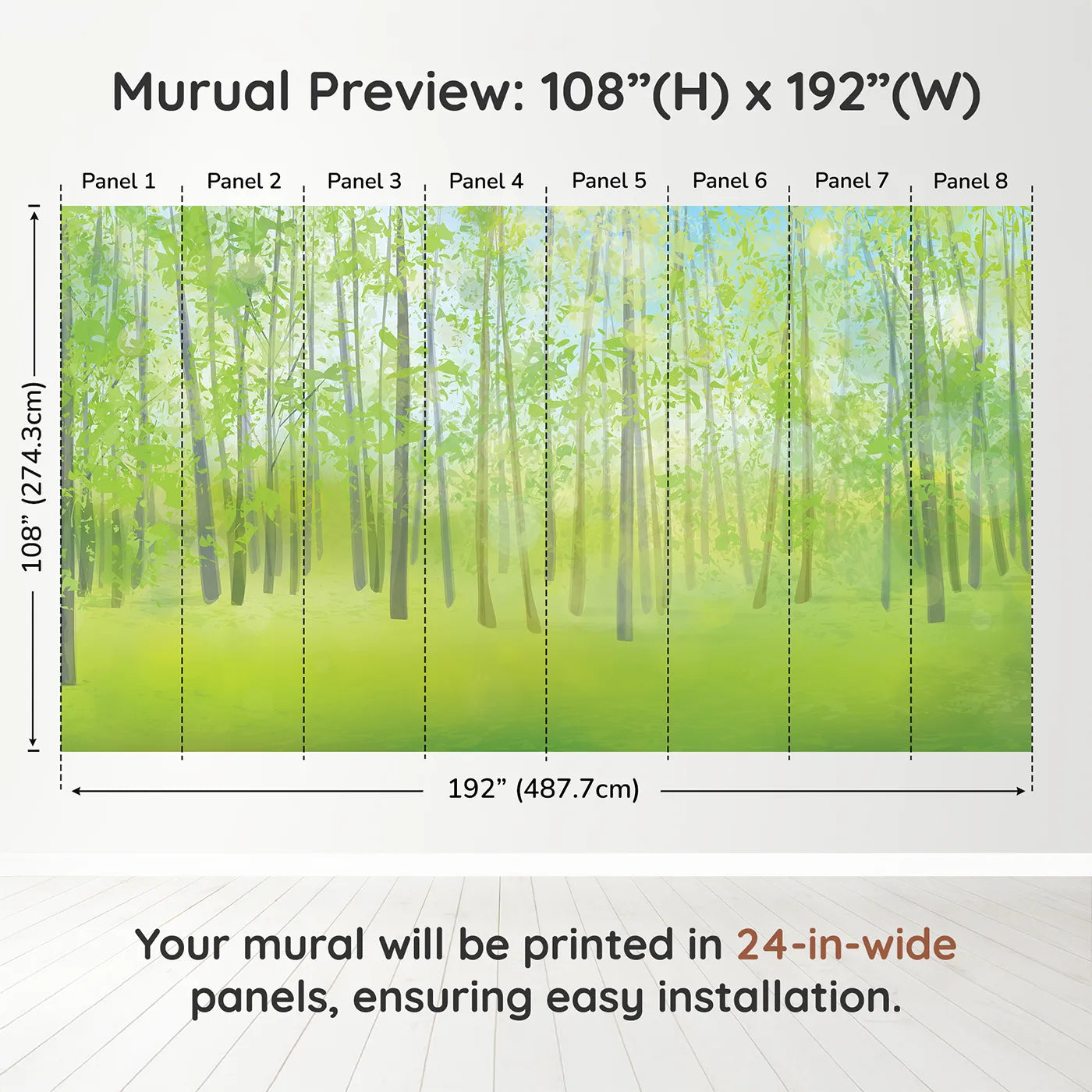 Whimsy Tots Pink Cherry Blossom Border Wall Muraldimension view (108" H x 192" W). Printed in eight 24-inch-wide panels. Best for Girls