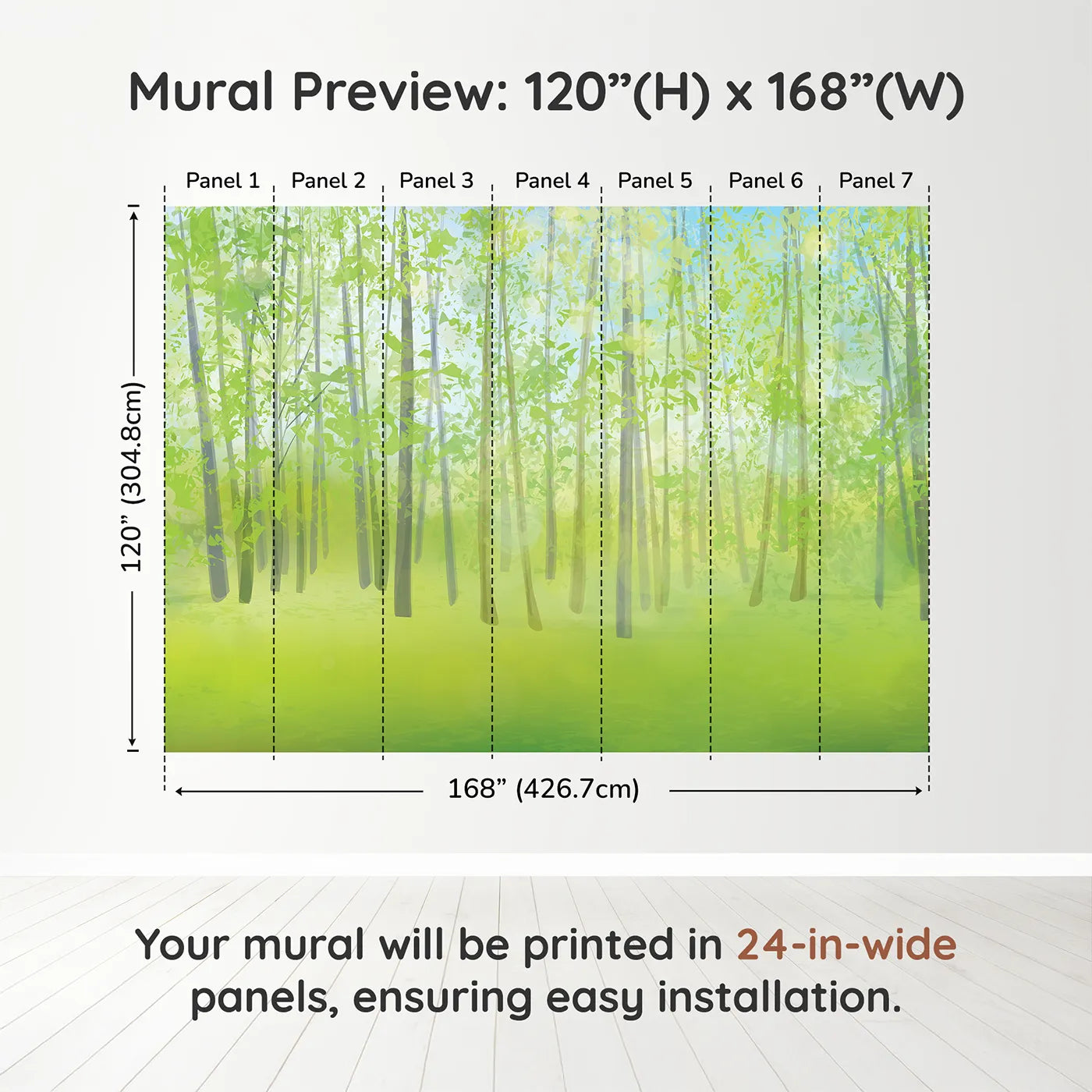 Whimsy Tots Pink Cherry Blossom Border Wall Muraldimension view (120" H x 168" W). Printed in seven 24-inch-wide panels. Best for Girls