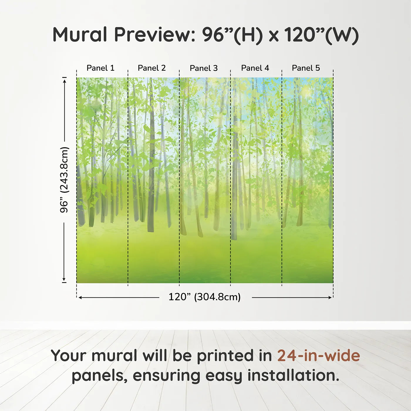 Whimsy Tots Pink Cherry Blossom Border Wall Muraldimension view (96" H x 120" W). Printed in five 24-inch-wide panels. Best for Girls