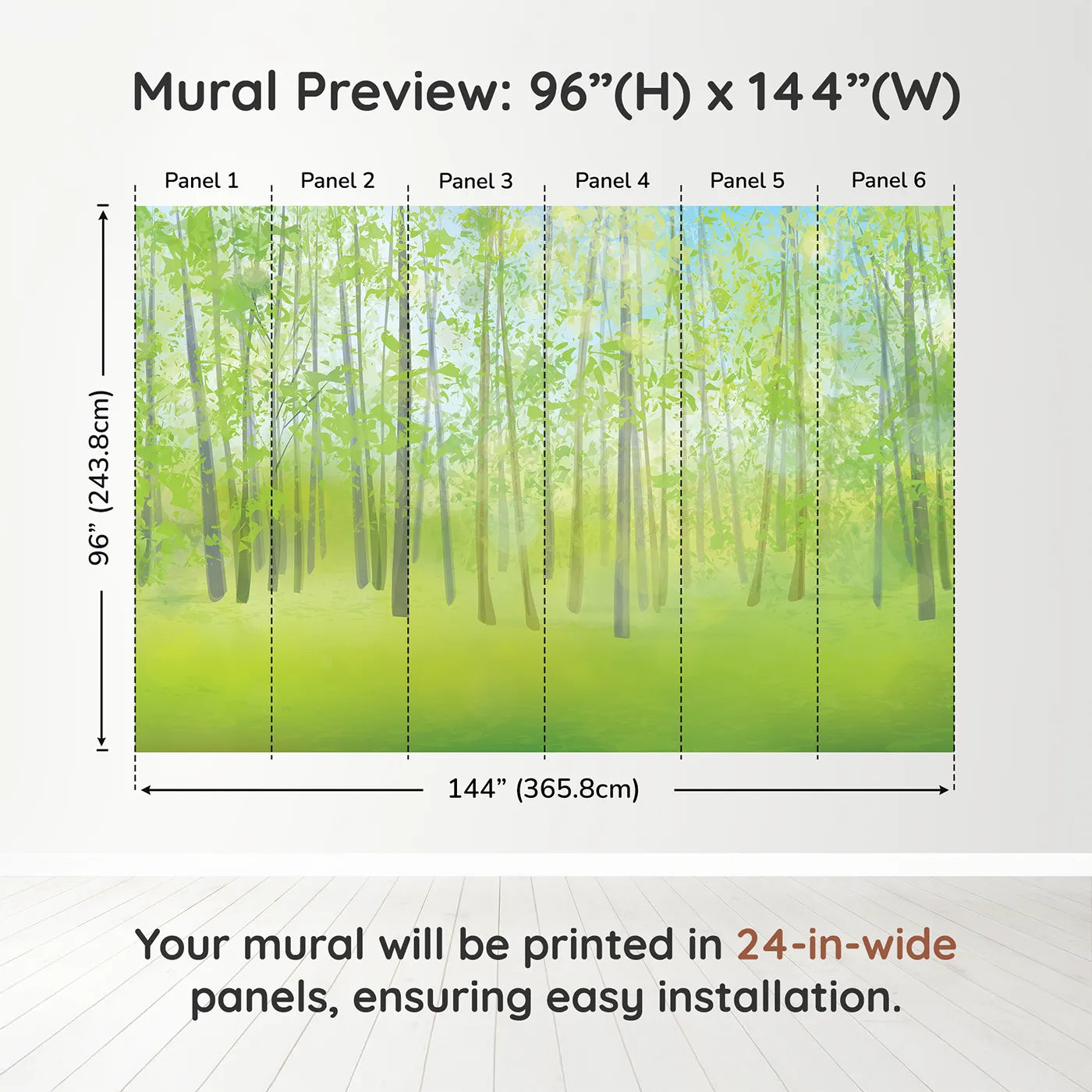 Whimsy Tots Pink Cherry Blossom Border Wall Muraldimension view (96" H x 144" W). Printed in six 24-inch-wide panels. Best for Girls