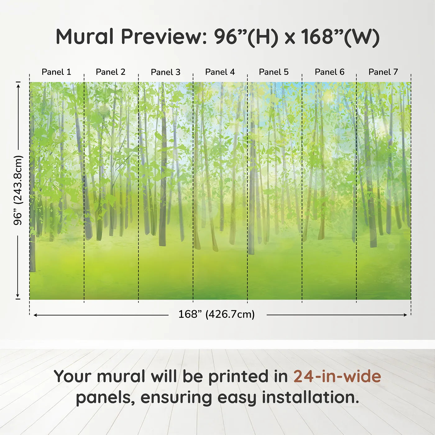 Whimsy Tots Pink Cherry Blossom Border Wall Muraldimension view (96" H x 168" W). Printed in seven 24-inch-wide panels. Best for Girls