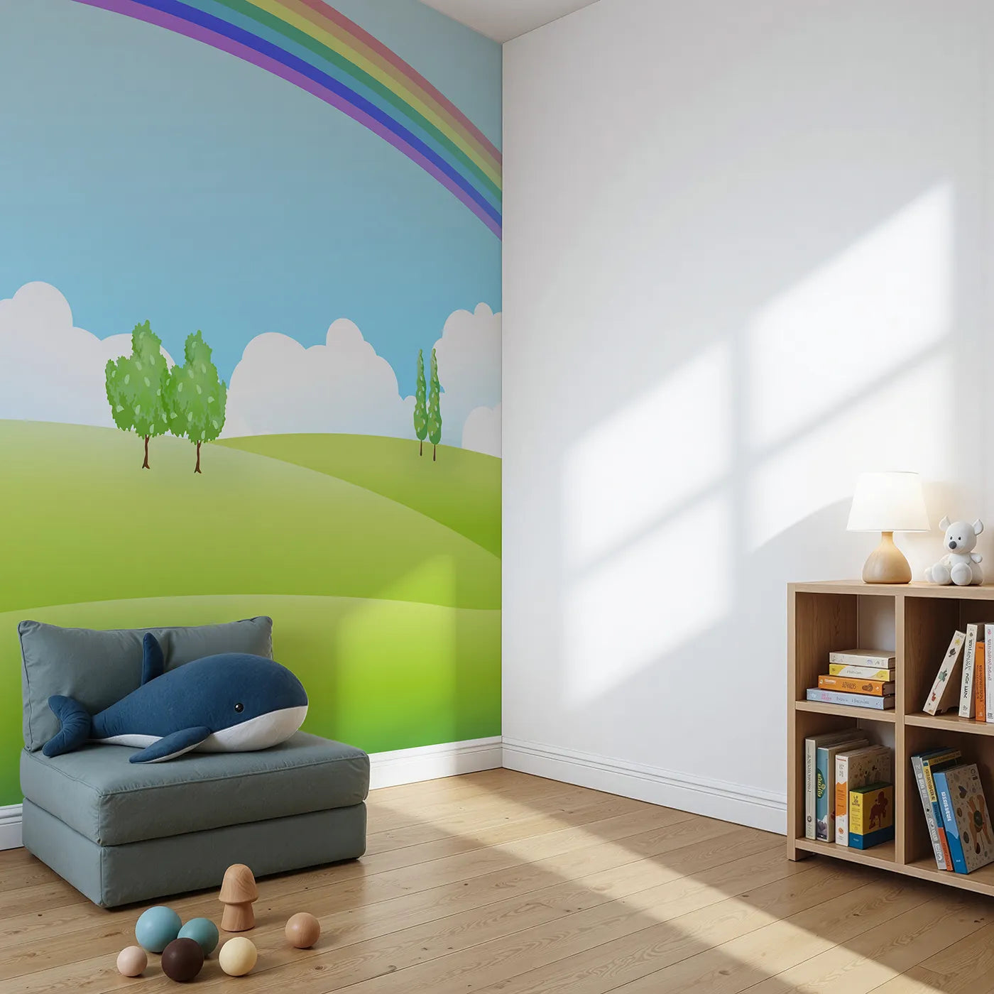 Angled view of Whimsy Tots' Rainbow Meadow Wall Mural (Turn Their Room into a Field of Endless Sunshine and Color).Gender-Neutral