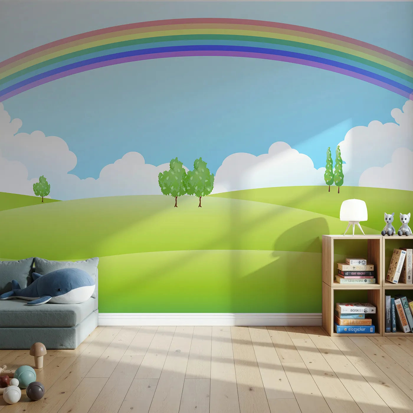 Front view of Whimsy Tots' Rainbow Meadow Wall Mural