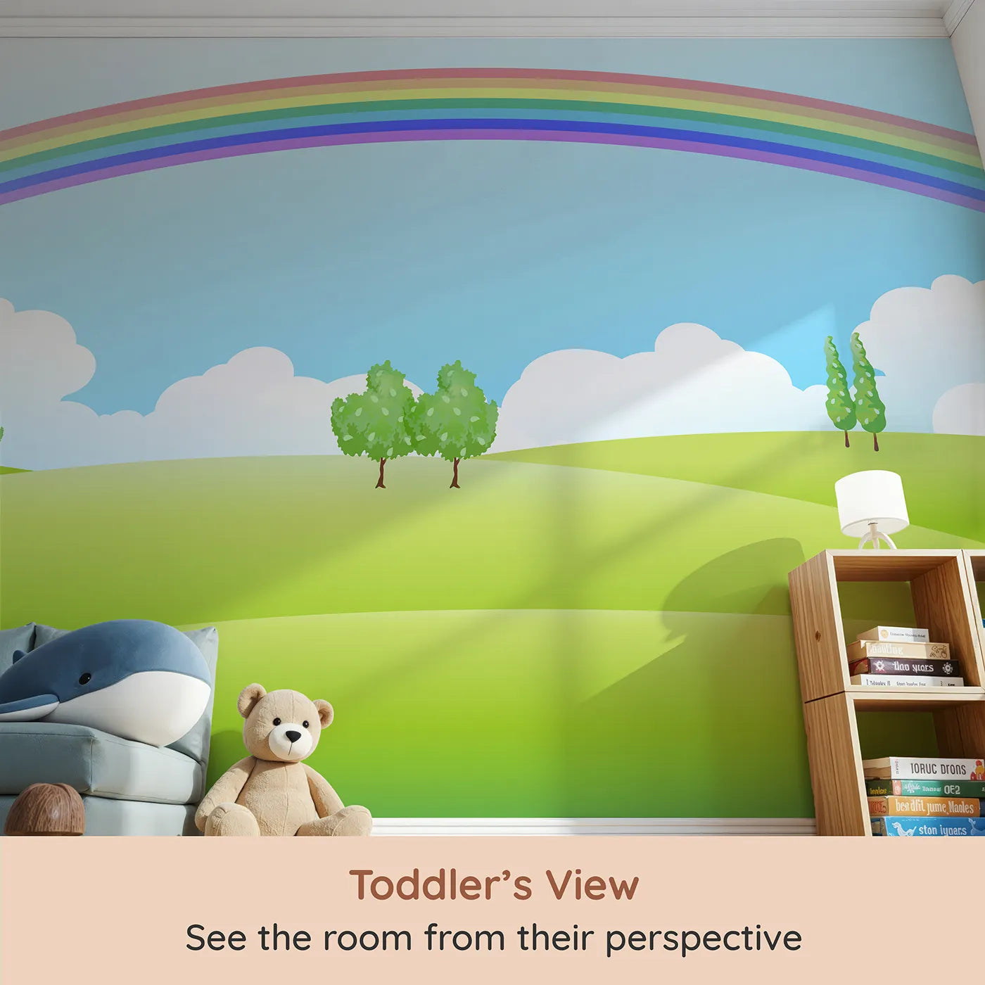 Whimsy Tots Rainbow Meadow Wall Mural (Turn Their Room into a Field of Endless Sunshine and Color) from your child's view.Gender-Neutral