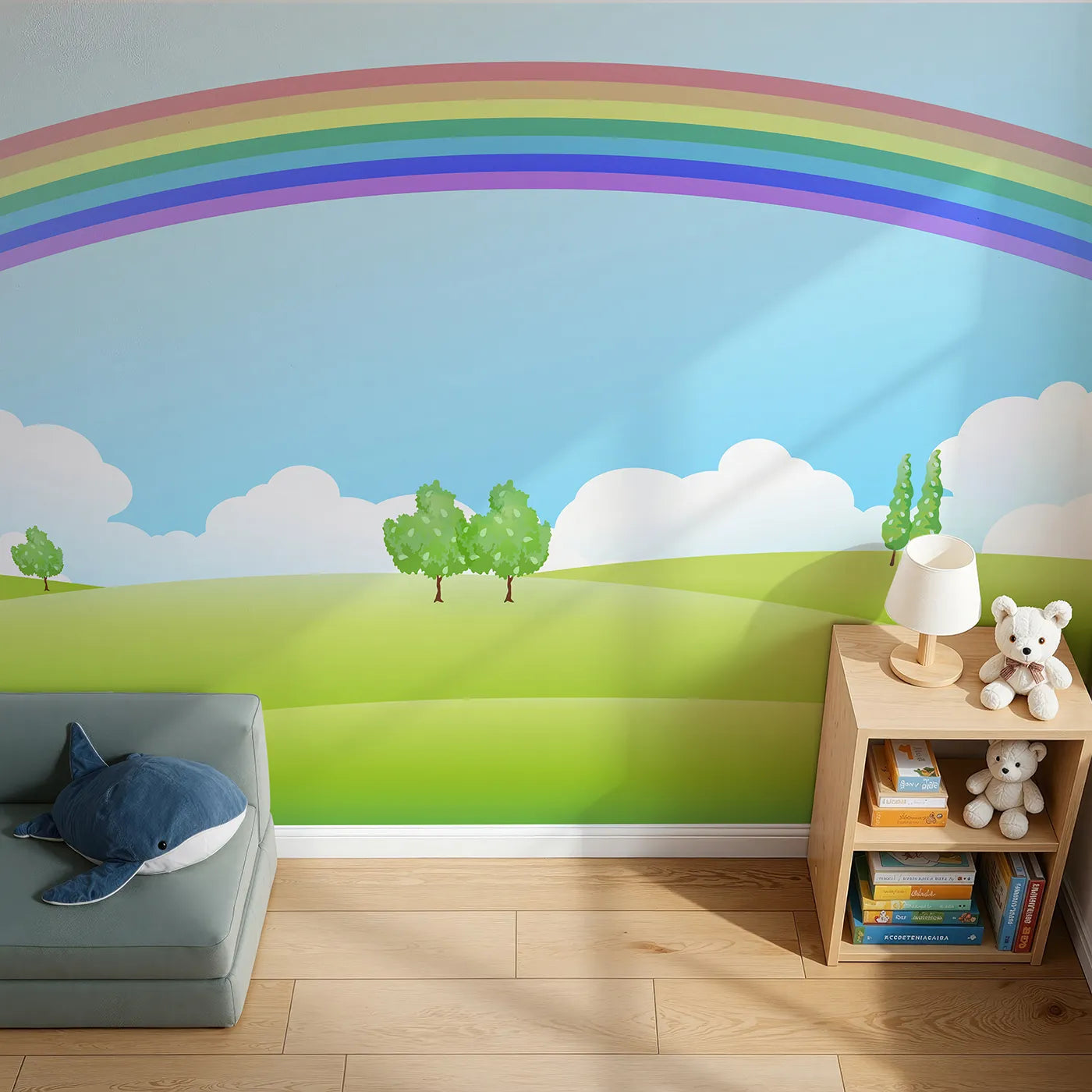 Top-down view of Whimsy Tots' Rainbow Meadow Wall Mural (Turn Their Room into a Field of Endless Sunshine and Color).Gender-Neutral