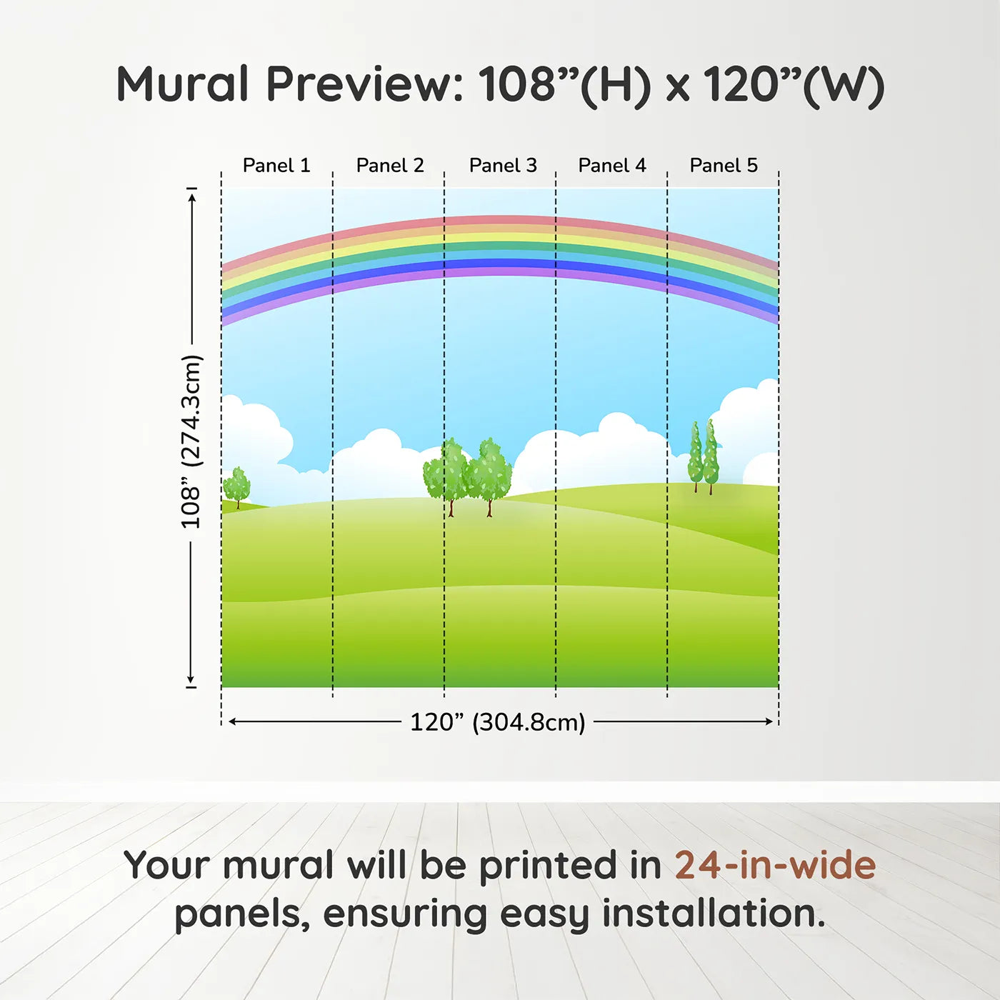 Whimsy Tots Rainbow Meadow Wall Muraldimension view (108" H x 120" W). Printed in five 24-inch-wide panels. Gender-Neutral