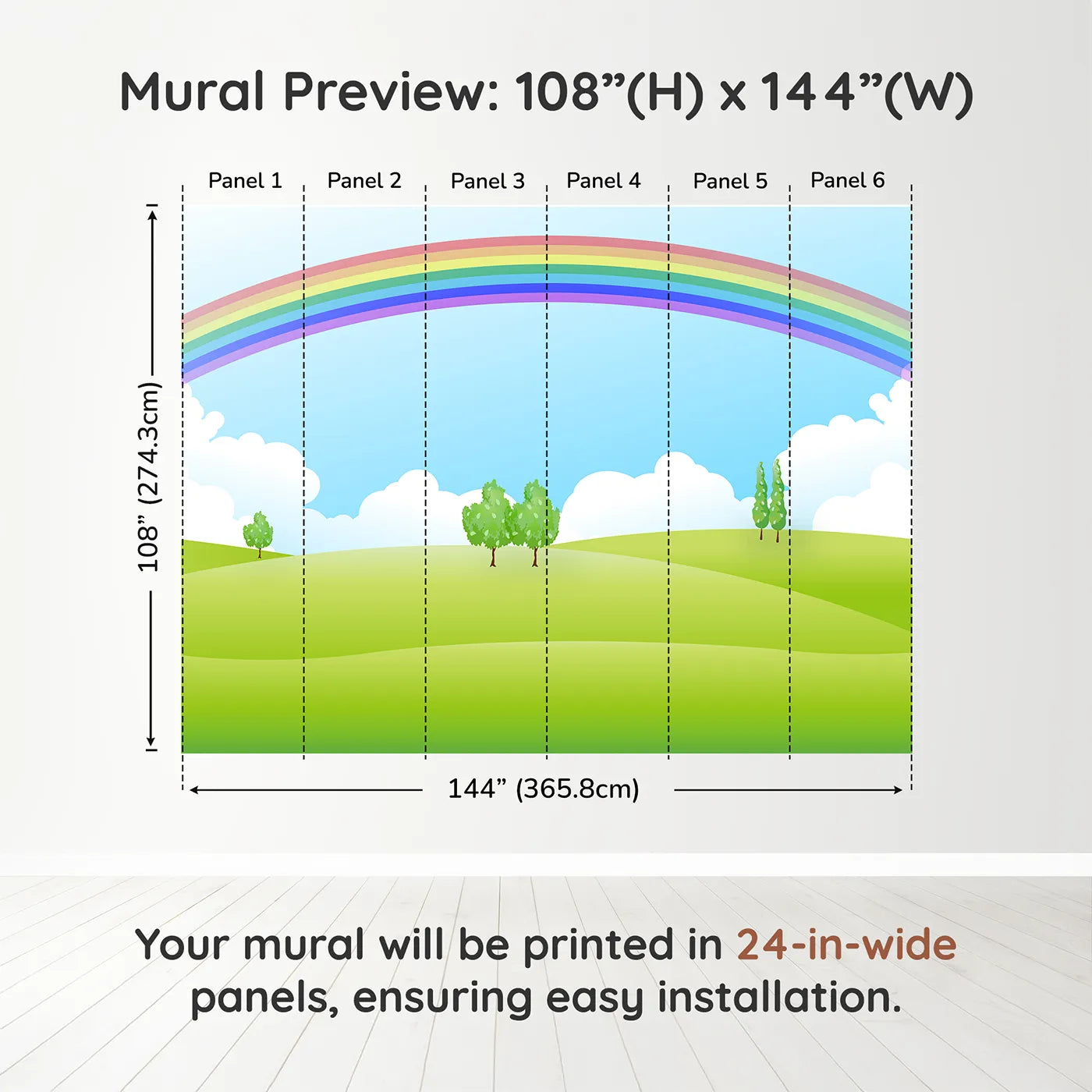 Whimsy Tots Rainbow Meadow Wall Muraldimension view (108" H x 144" W). Printed in six 24-inch-wide panels. Gender-Neutral