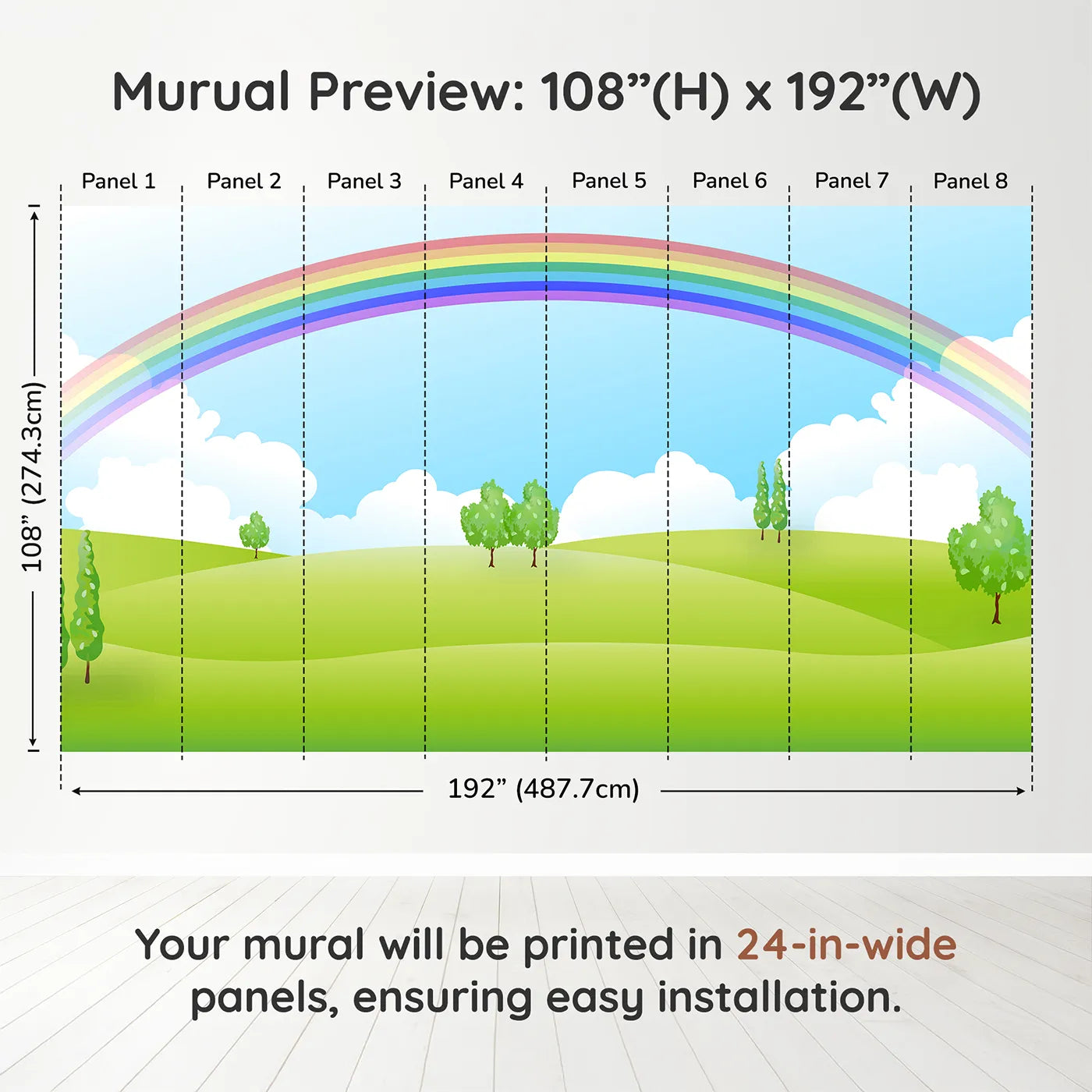Whimsy Tots Rainbow Meadow Wall Muraldimension view (108" H x 192" W). Printed in eight 24-inch-wide panels. Gender-Neutral