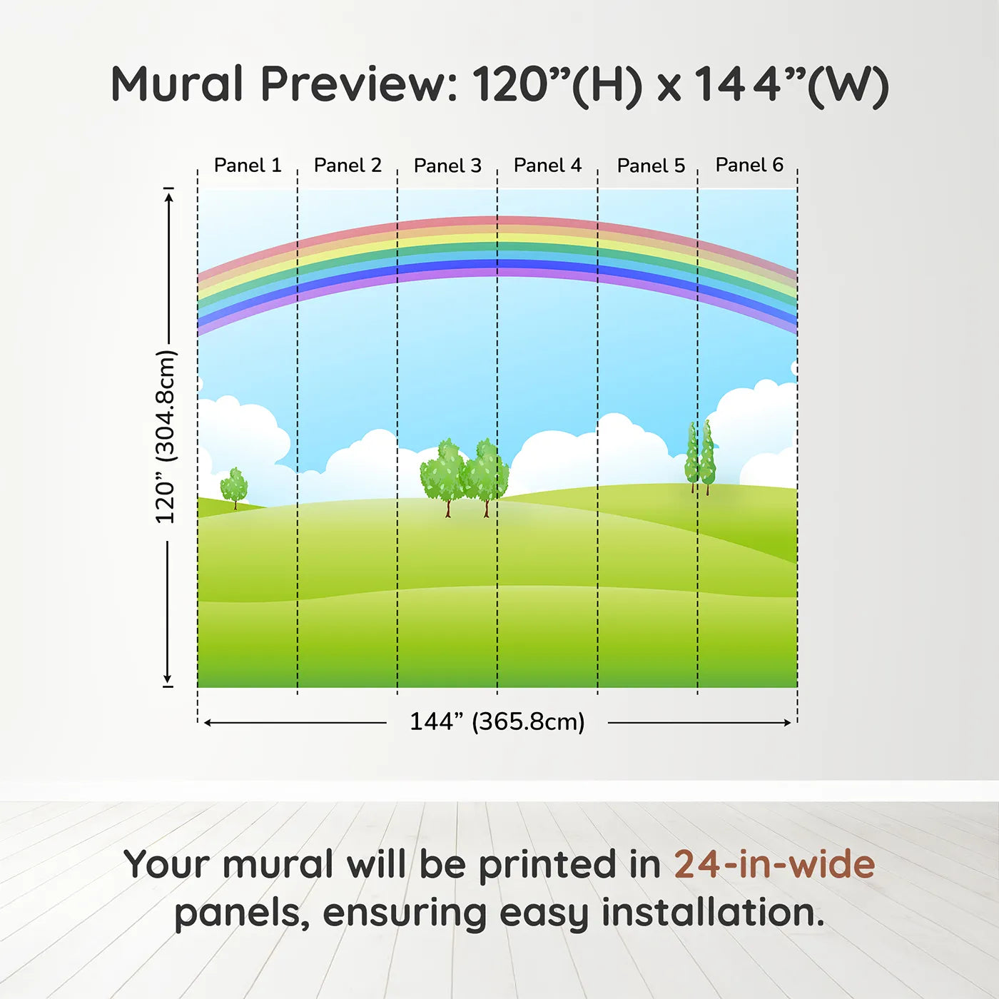 Whimsy Tots Rainbow Meadow Wall Muraldimension view (120" H x 144" W). Printed in six 24-inch-wide panels. Gender-Neutral