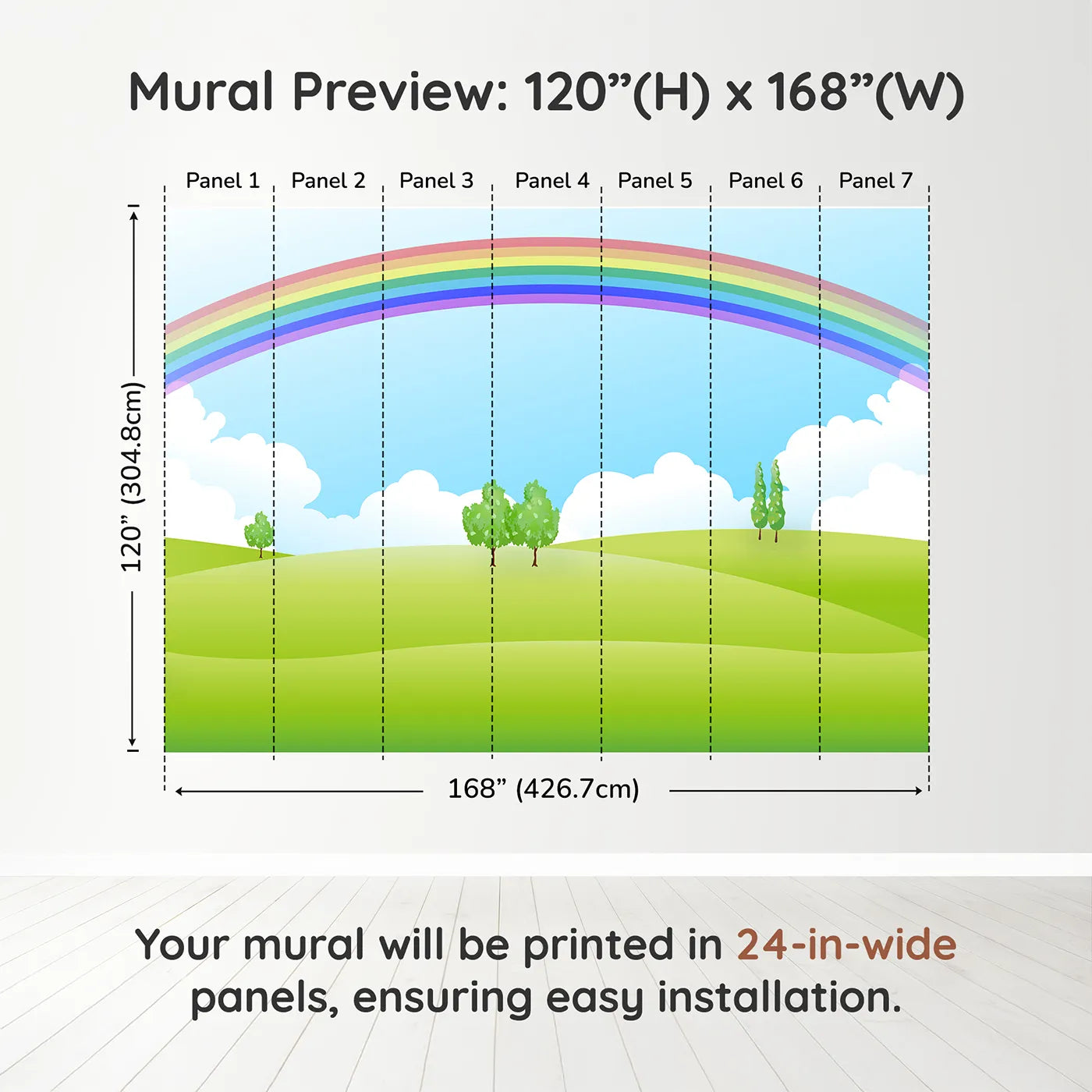 Whimsy Tots Rainbow Meadow Wall Muraldimension view (120" H x 168" W). Printed in seven 24-inch-wide panels. Gender-Neutral