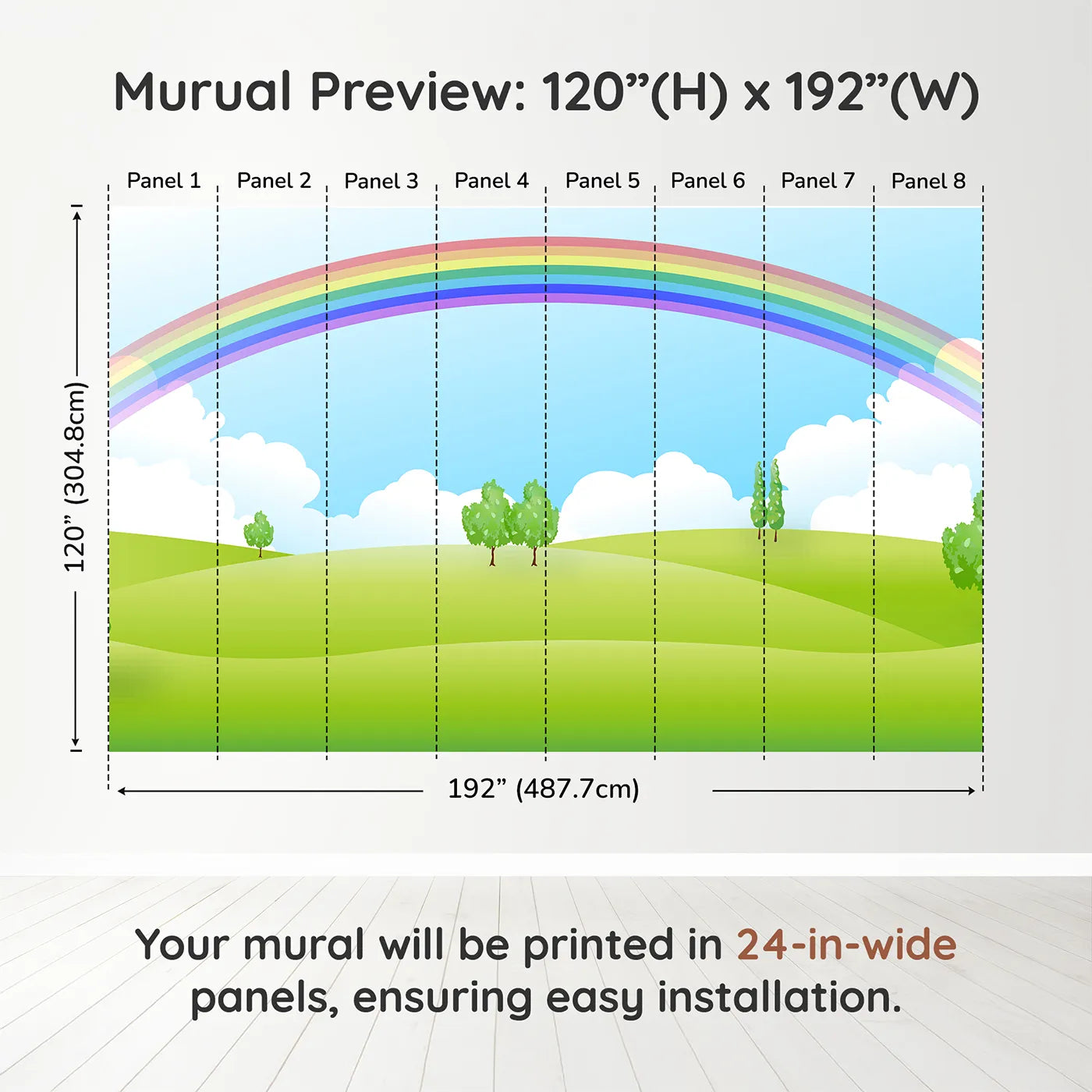 Whimsy Tots Rainbow Meadow Wall Muraldimension view (120" H x 192" W). Printed in eight 24-inch-wide panels. Gender-Neutral