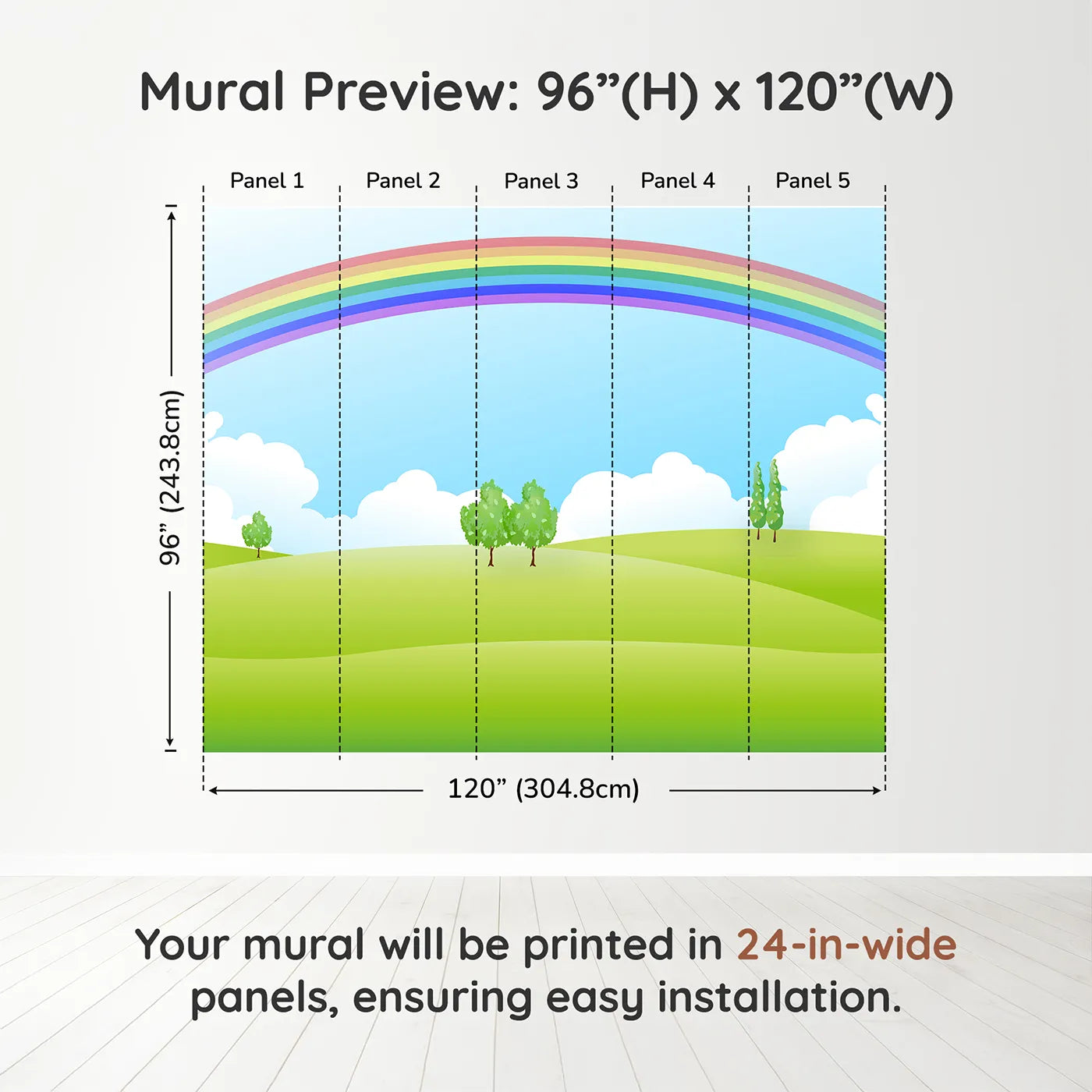 Whimsy Tots Rainbow Meadow Wall Muraldimension view (96" H x 120" W). Printed in five 24-inch-wide panels. Gender-Neutral