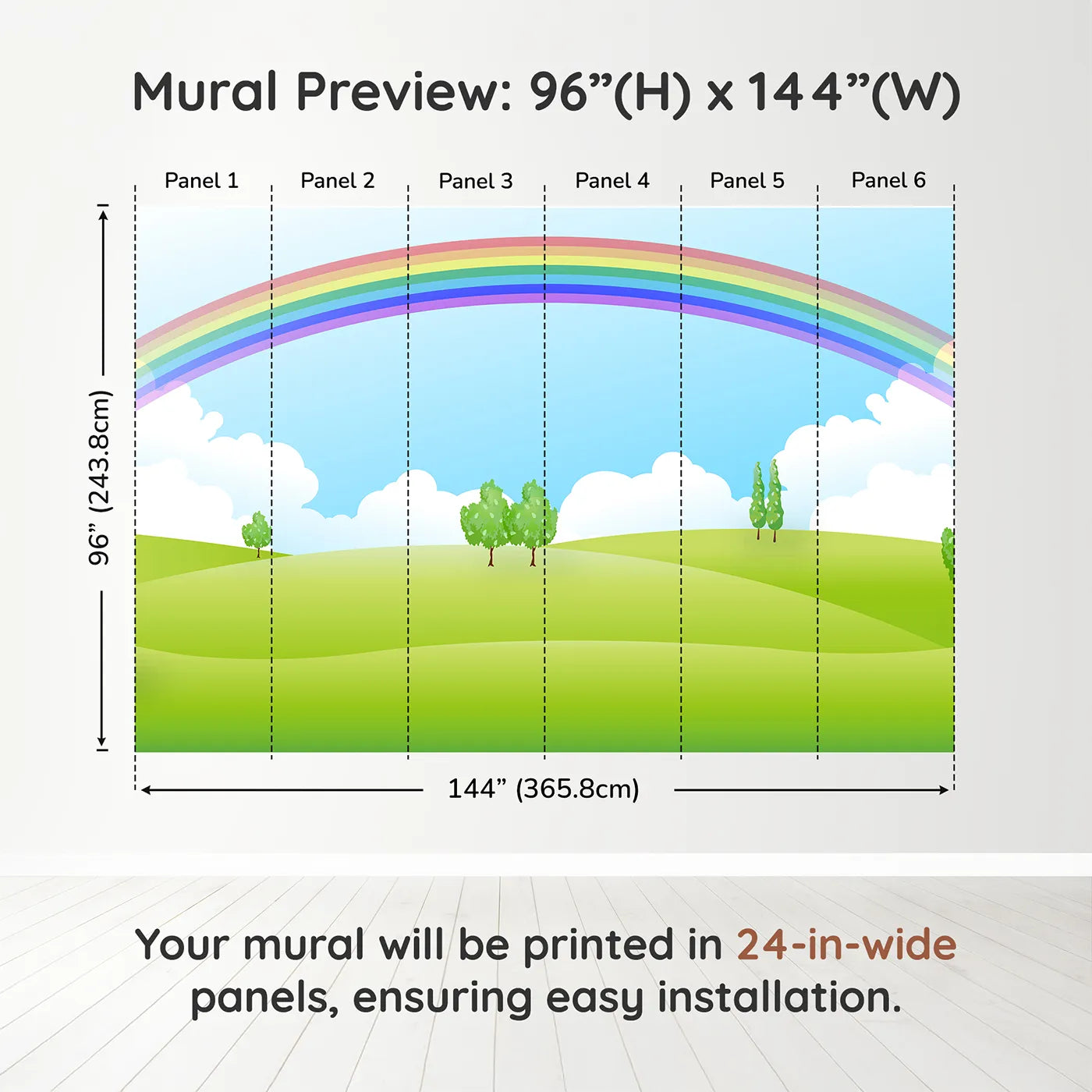 Whimsy Tots Rainbow Meadow Wall Muraldimension view (96" H x 144" W). Printed in six 24-inch-wide panels. Gender-Neutral