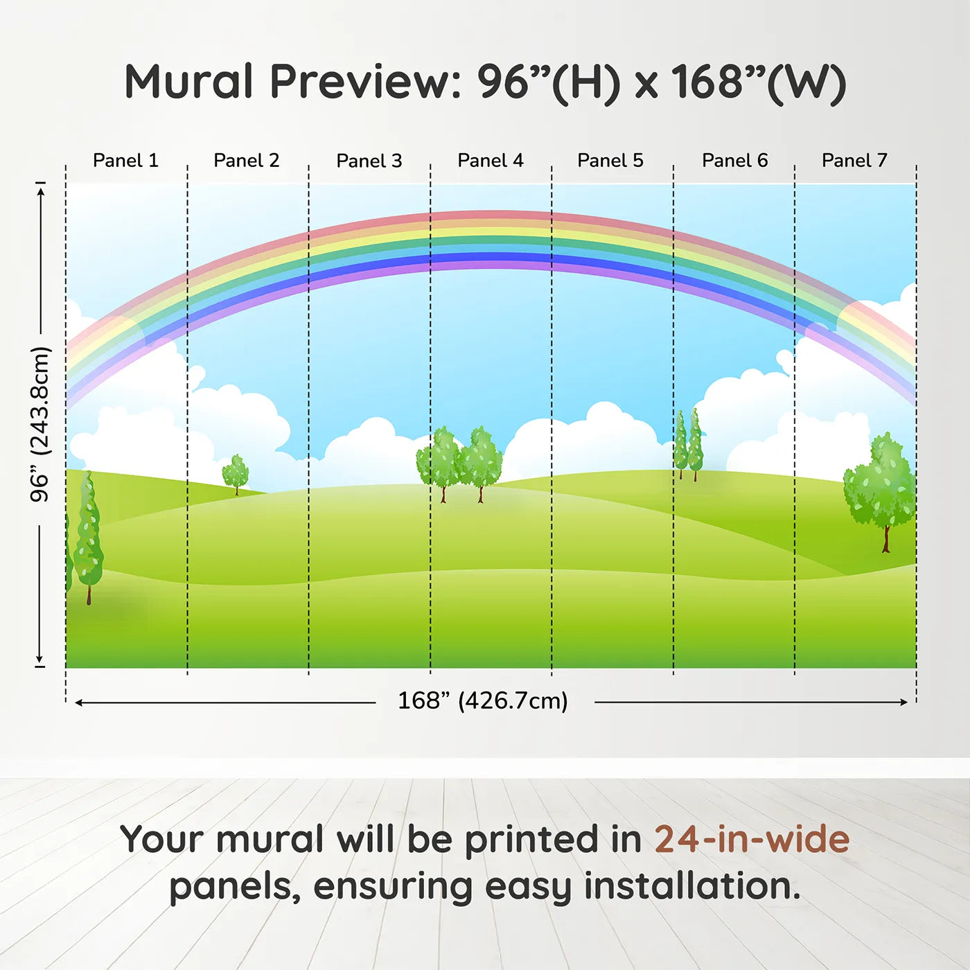 Whimsy Tots Rainbow Meadow Wall Muraldimension view (96" H x 168" W). Printed in seven 24-inch-wide panels. Gender-Neutral