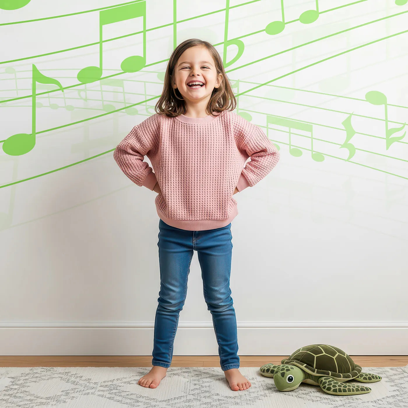 Child in front of Whimsy Tots Sparkling Green Music Wall Mural with music, note, green, leaf, sparkle, light, fresh, magical in design.