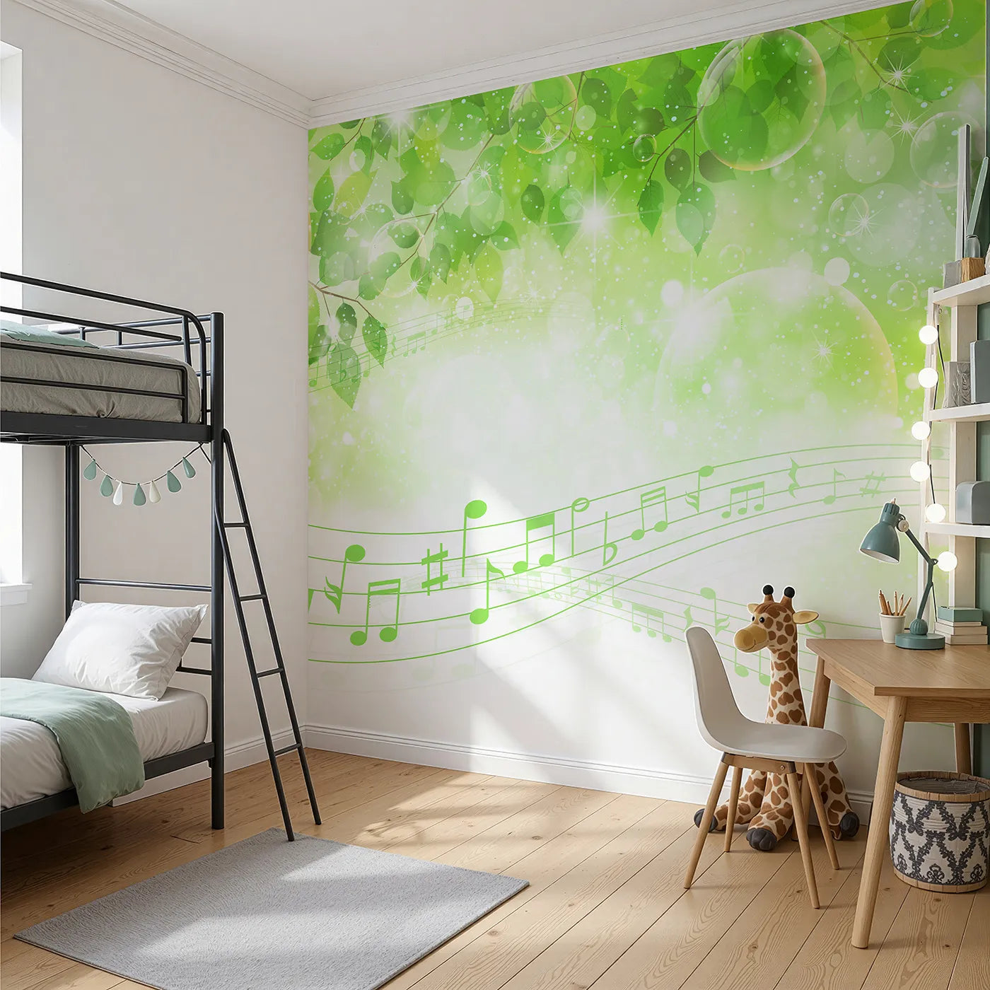 Angled view of Whimsy Tots' Sparkling Green Music Wall Mural (Turn Their Room into a Magical, Musical Forest).Gender-Neutral