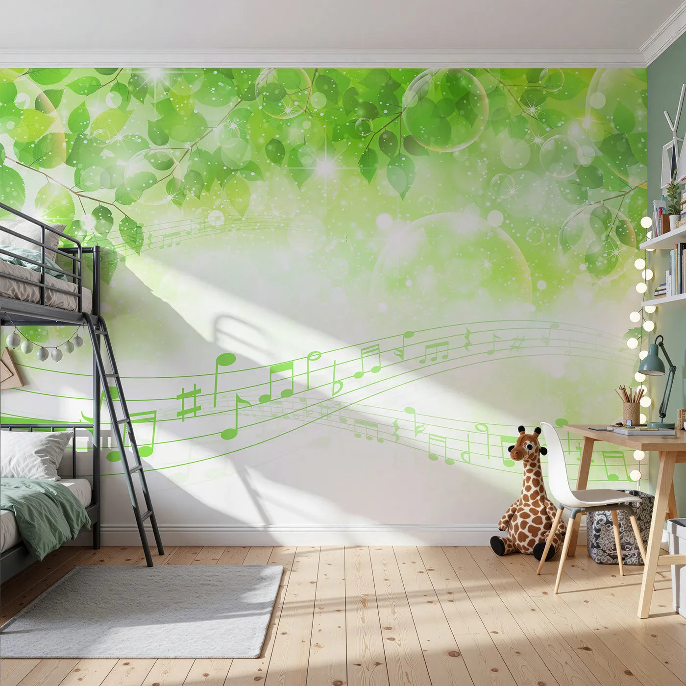 Front view of Whimsy Tots' Sparkling Green Music Wall Mural