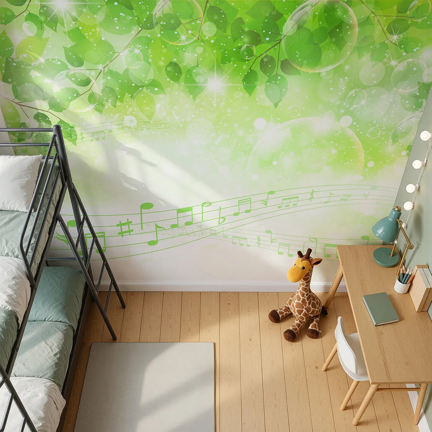 Top-down view of Whimsy Tots' Sparkling Green Music Wall Mural (Turn Their Room into a Magical, Musical Forest).Gender-Neutral