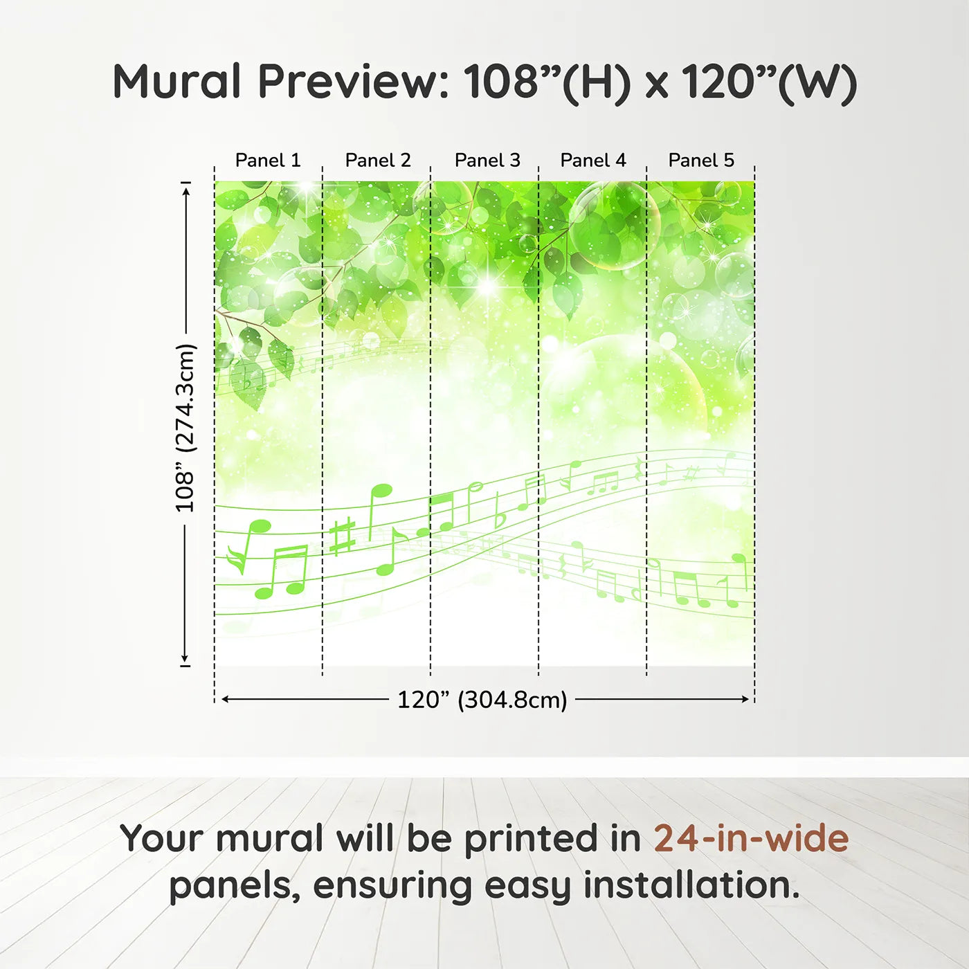 Whimsy Tots Sparkling Green Music Wall Muraldimension view (108" H x 120" W). Printed in five 24-inch-wide panels. Gender-Neutral