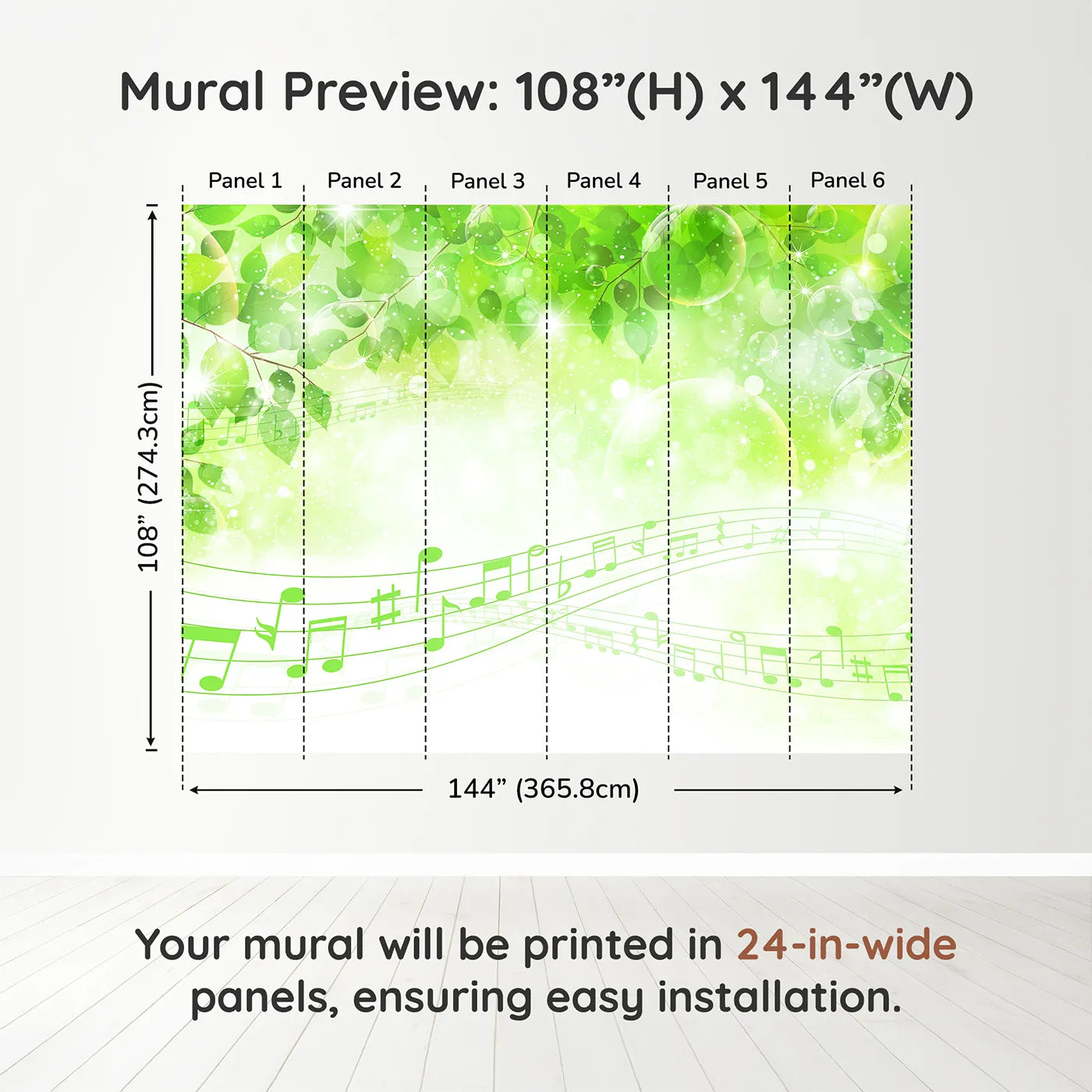 Whimsy Tots Sparkling Green Music Wall Muraldimension view (108" H x 144" W). Printed in six 24-inch-wide panels. Gender-Neutral