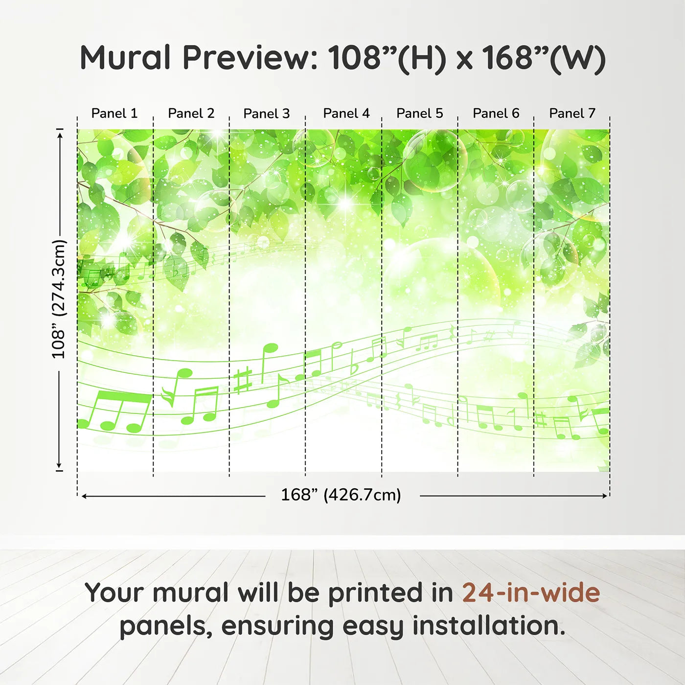 Whimsy Tots Sparkling Green Music Wall Muraldimension view (108" H x 168" W). Printed in seven 24-inch-wide panels. Gender-Neutral