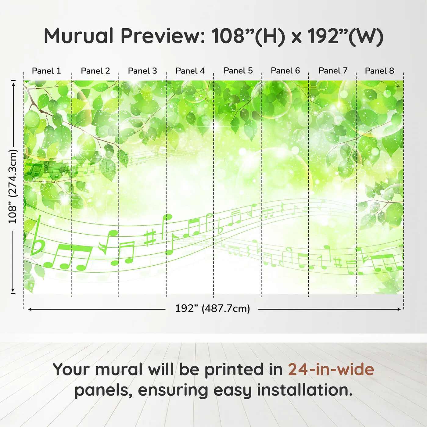 Whimsy Tots Sparkling Green Music Wall Muraldimension view (108" H x 192" W). Printed in eight 24-inch-wide panels. Gender-Neutral