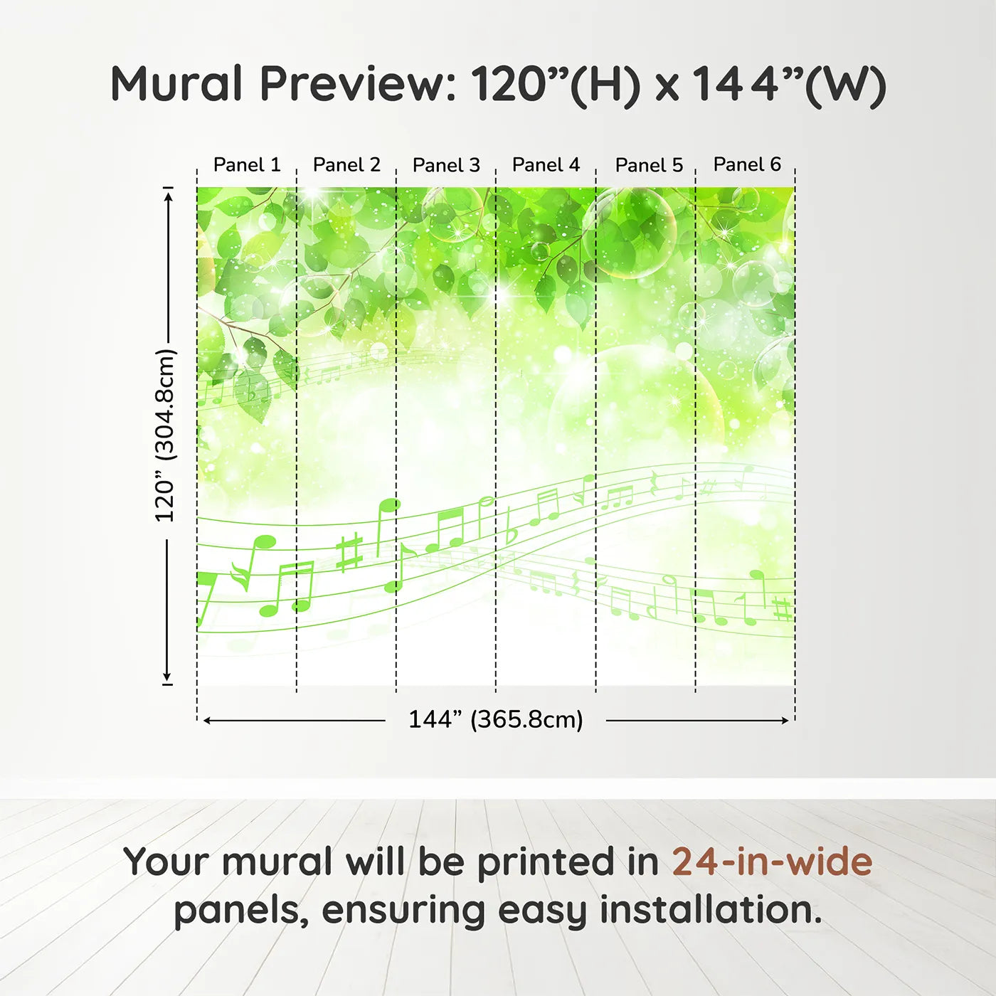 Whimsy Tots Sparkling Green Music Wall Muraldimension view (120" H x 144" W). Printed in six 24-inch-wide panels. Gender-Neutral