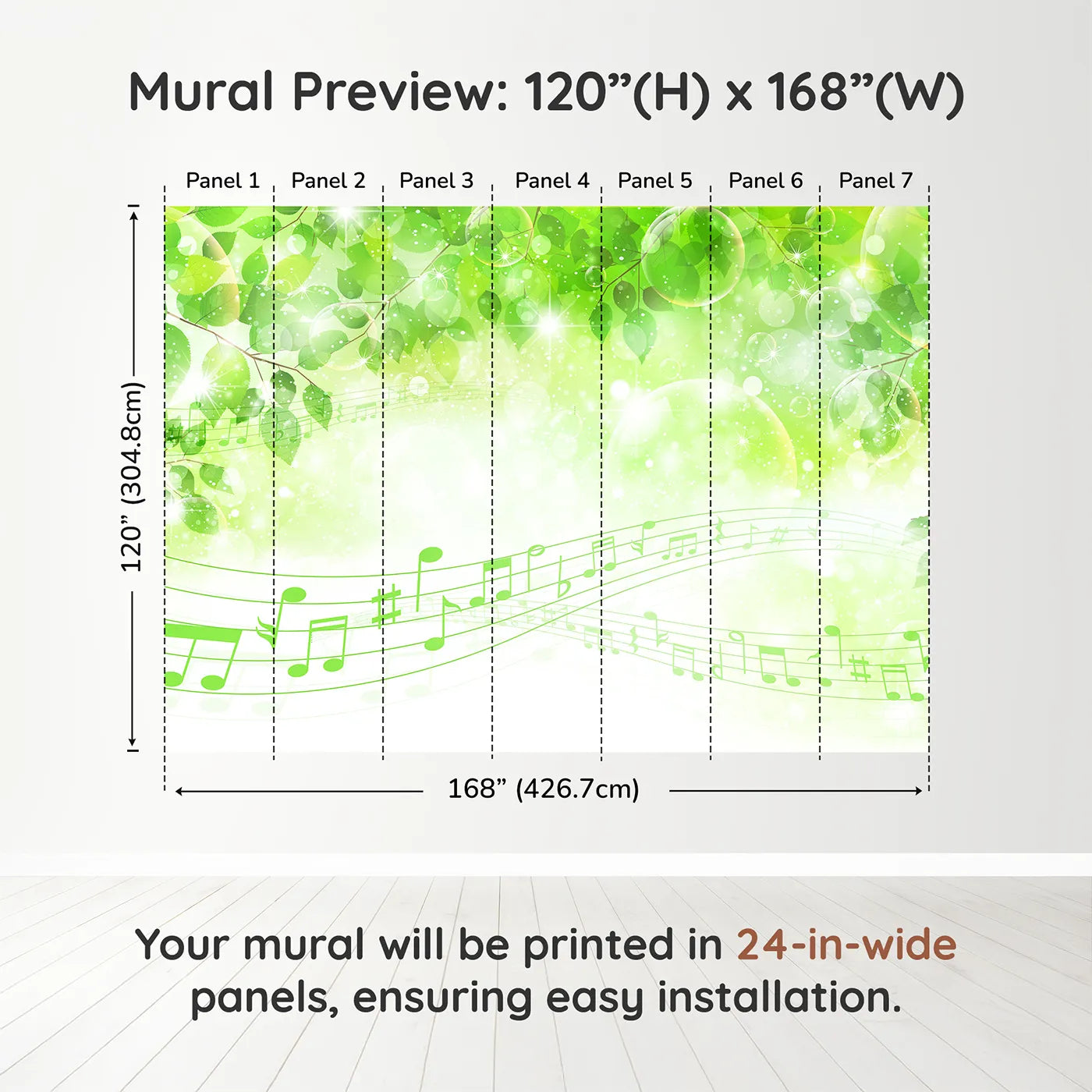 Whimsy Tots Sparkling Green Music Wall Muraldimension view (120" H x 168" W). Printed in seven 24-inch-wide panels. Gender-Neutral