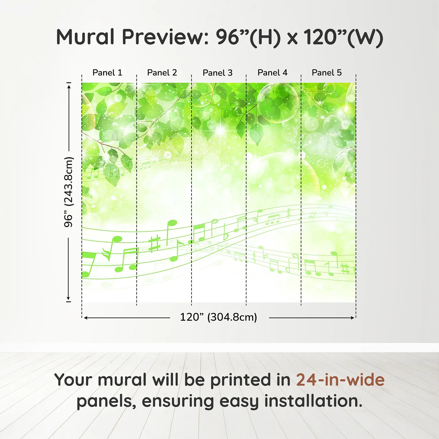 Whimsy Tots Sparkling Green Music Wall Muraldimension view (96" H x 120" W). Printed in five 24-inch-wide panels. Gender-Neutral