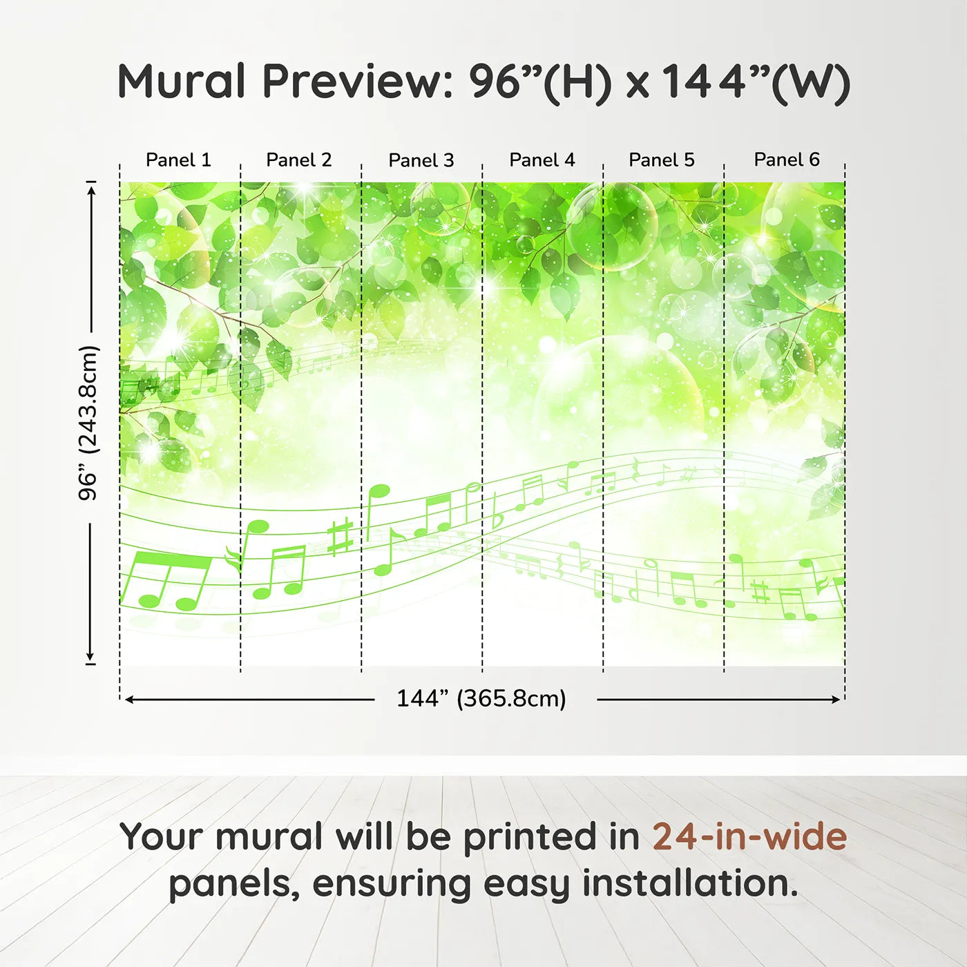 Whimsy Tots Sparkling Green Music Wall Muraldimension view (96" H x 144" W). Printed in six 24-inch-wide panels. Gender-Neutral