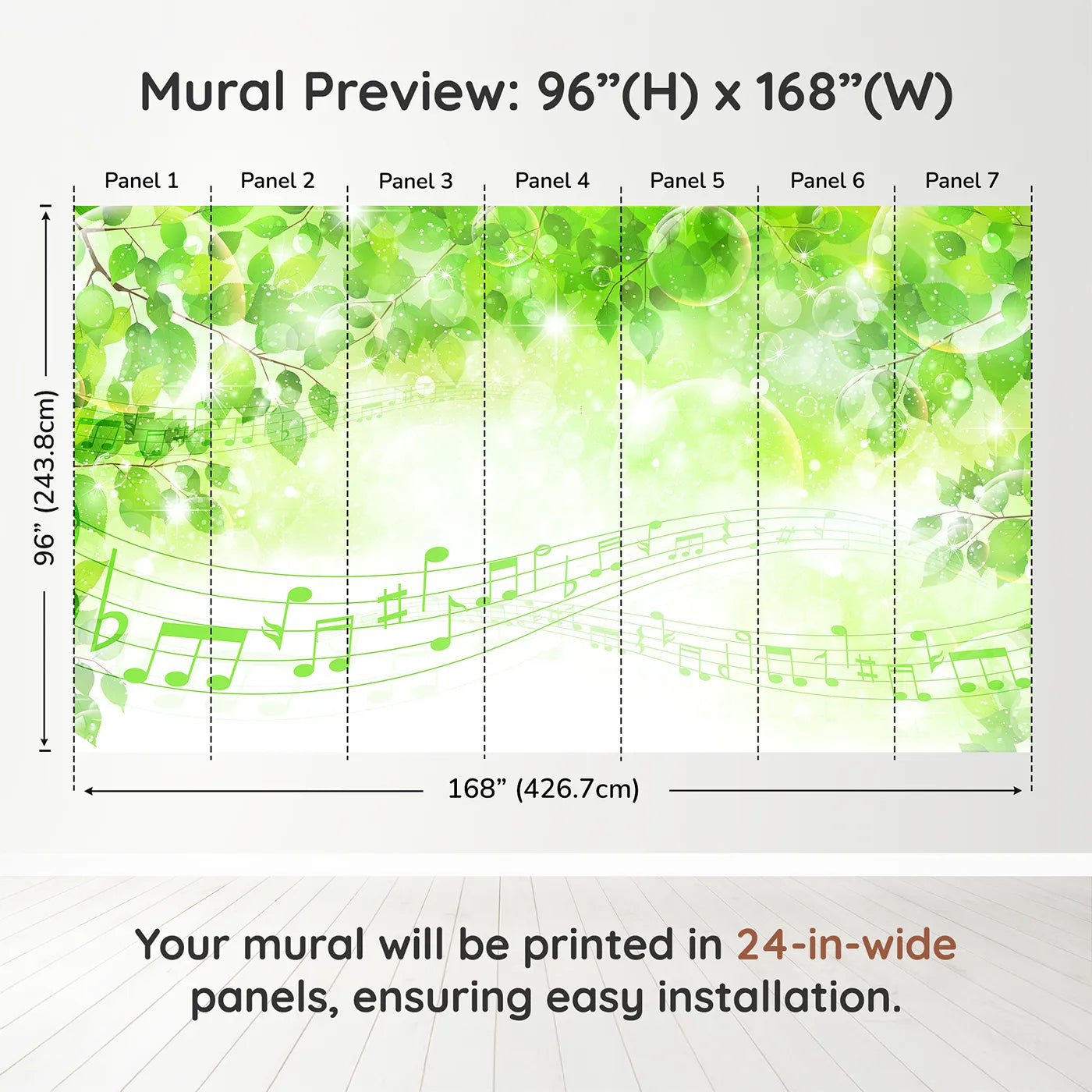 Whimsy Tots Sparkling Green Music Wall Muraldimension view (96" H x 168" W). Printed in seven 24-inch-wide panels. Gender-Neutral