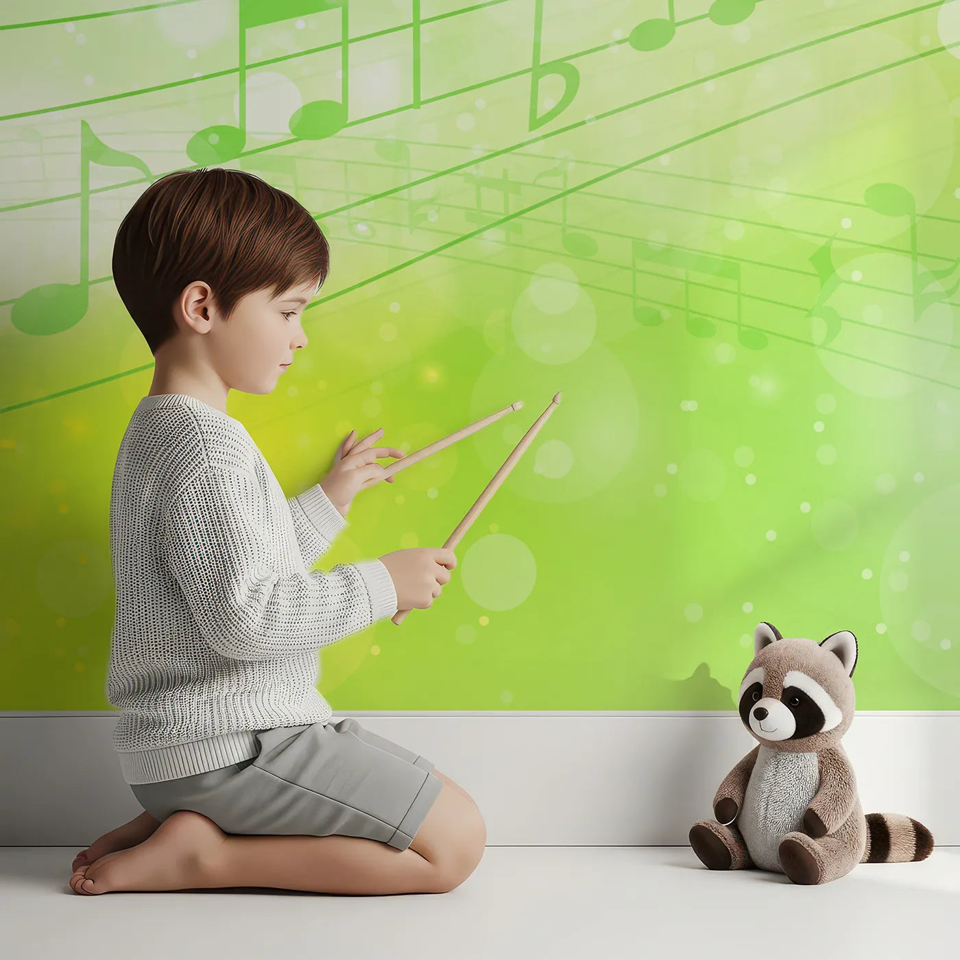 Child in front of Whimsy Tots Green Music Meadow Wall Mural with music, note, green, sparkle, light, fresh, magical, abstract in design.