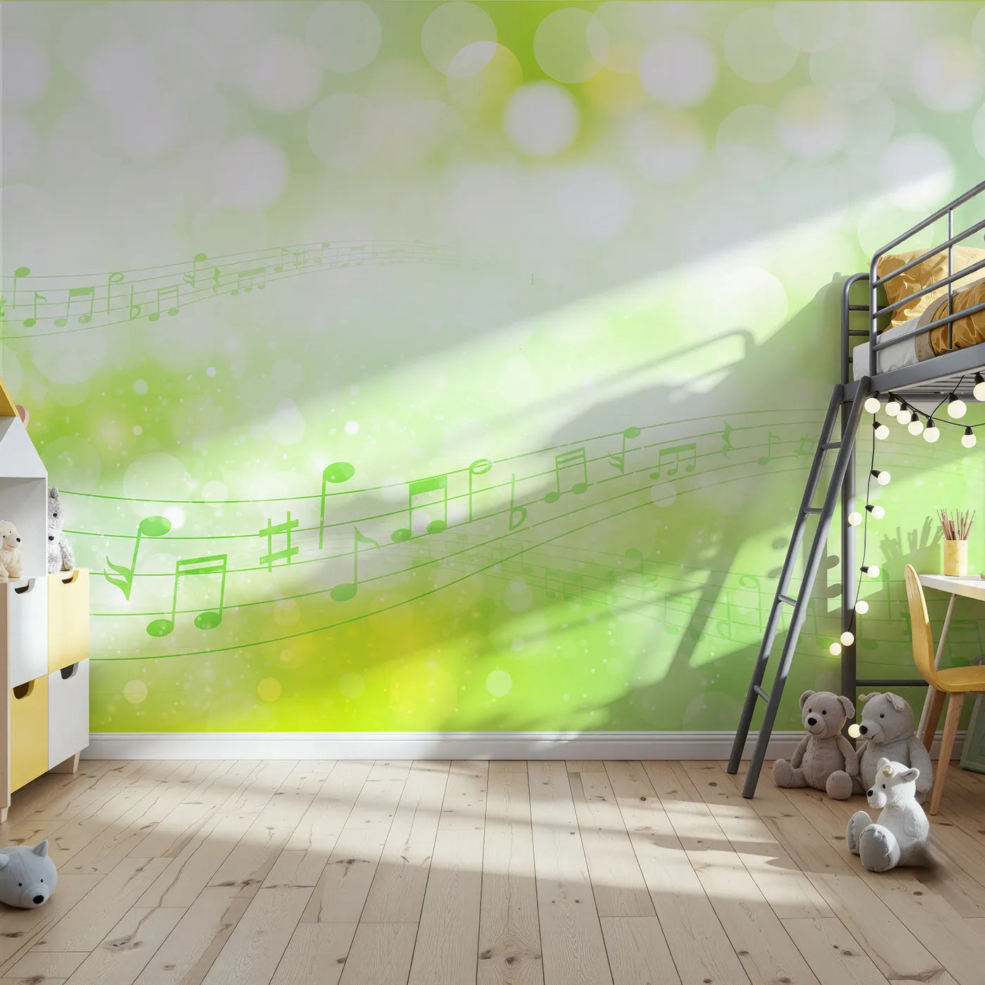 Front view of Whimsy Tots' Green Music Meadow Wall Mural