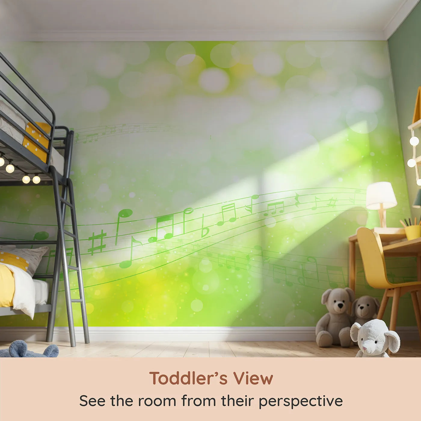 Whimsy Tots Green Music Meadow Wall Mural (Turn Their Room into a Gentle, Musical Breeze) from your child's view.Gender-Neutral