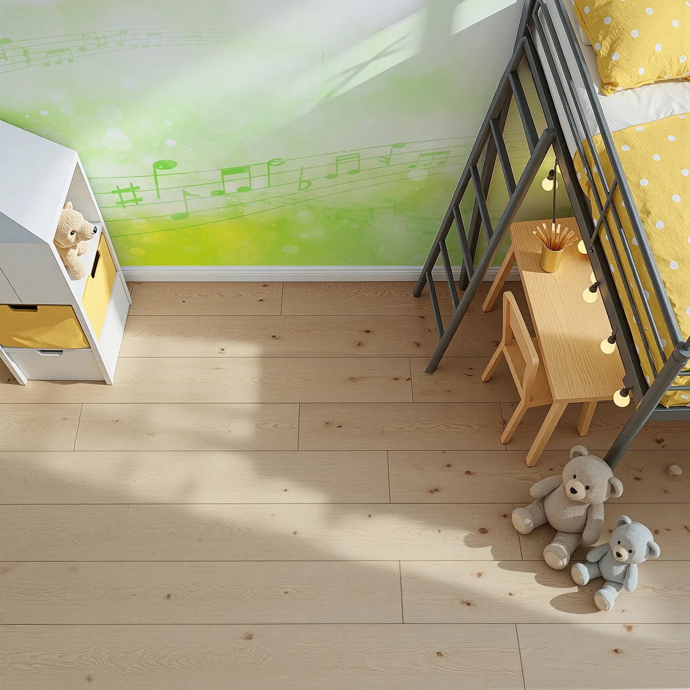 Top-down view of Whimsy Tots' Green Music Meadow Wall Mural (Turn Their Room into a Gentle, Musical Breeze).Gender-Neutral