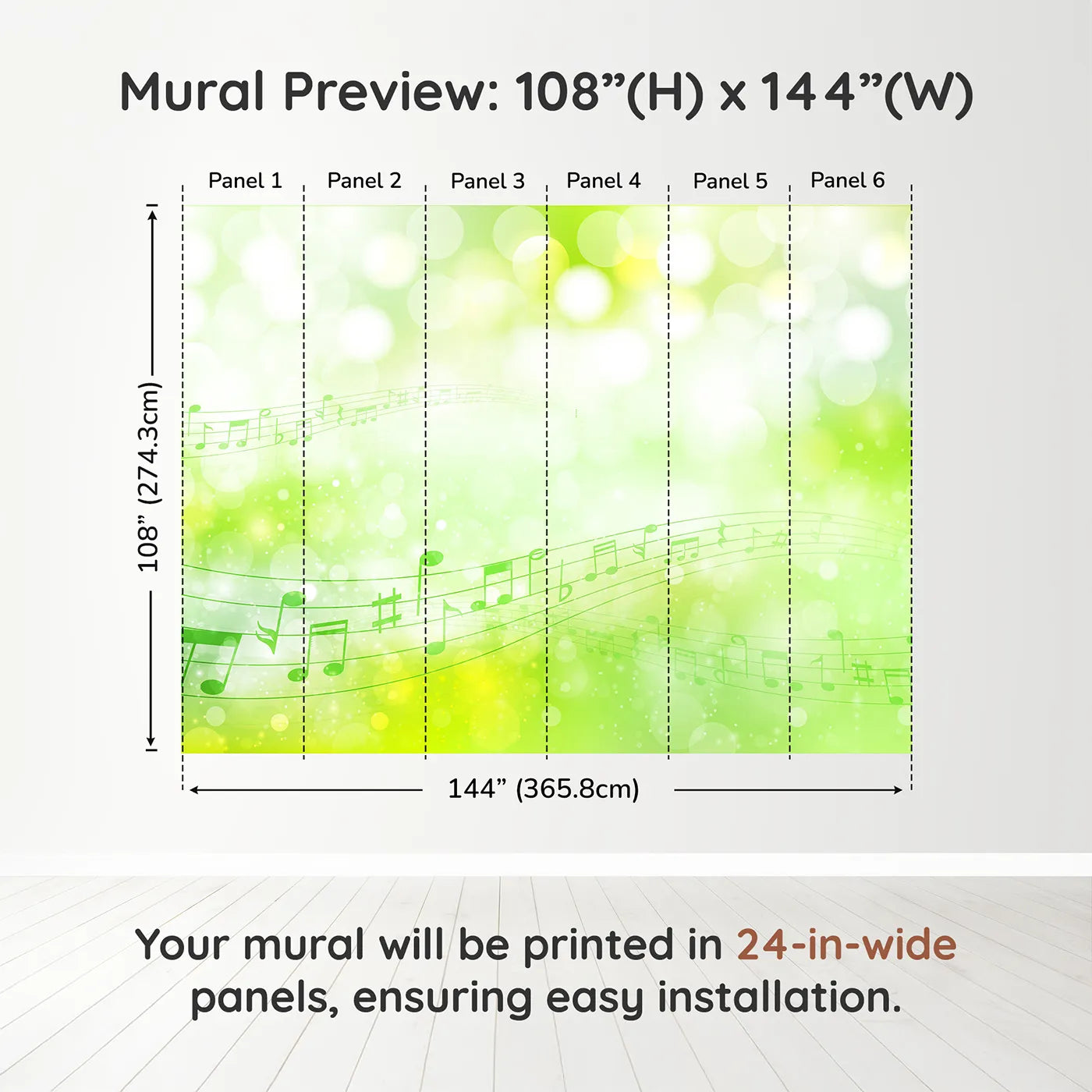 Whimsy Tots Green Music Meadow Wall Muraldimension view (108" H x 144" W). Printed in six 24-inch-wide panels. Gender-Neutral