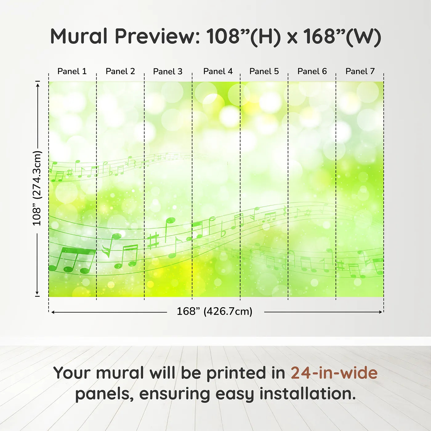 Whimsy Tots Green Music Meadow Wall Muraldimension view (108" H x 168" W). Printed in seven 24-inch-wide panels. Gender-Neutral