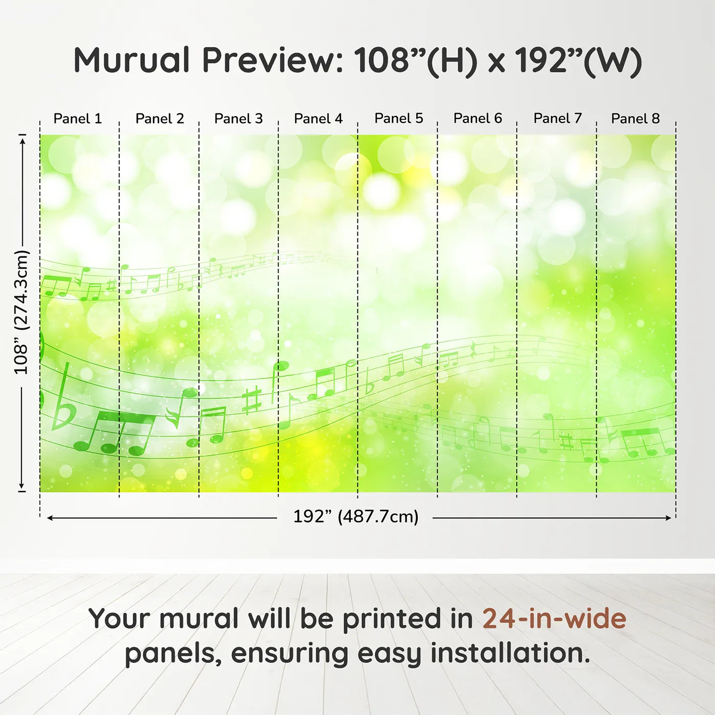 Whimsy Tots Green Music Meadow Wall Muraldimension view (108" H x 192" W). Printed in eight 24-inch-wide panels. Gender-Neutral