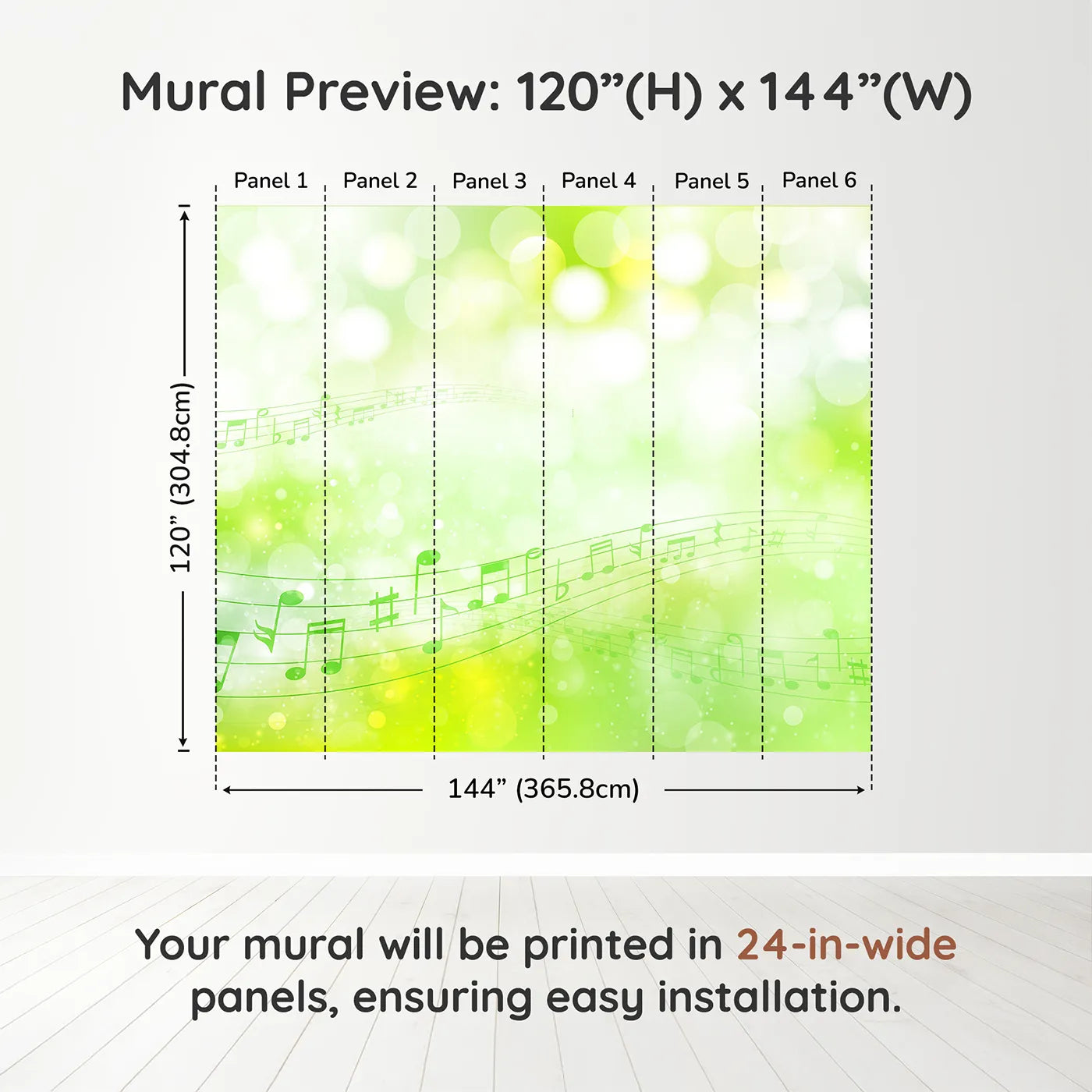 Whimsy Tots Green Music Meadow Wall Muraldimension view (120" H x 144" W). Printed in six 24-inch-wide panels. Gender-Neutral
