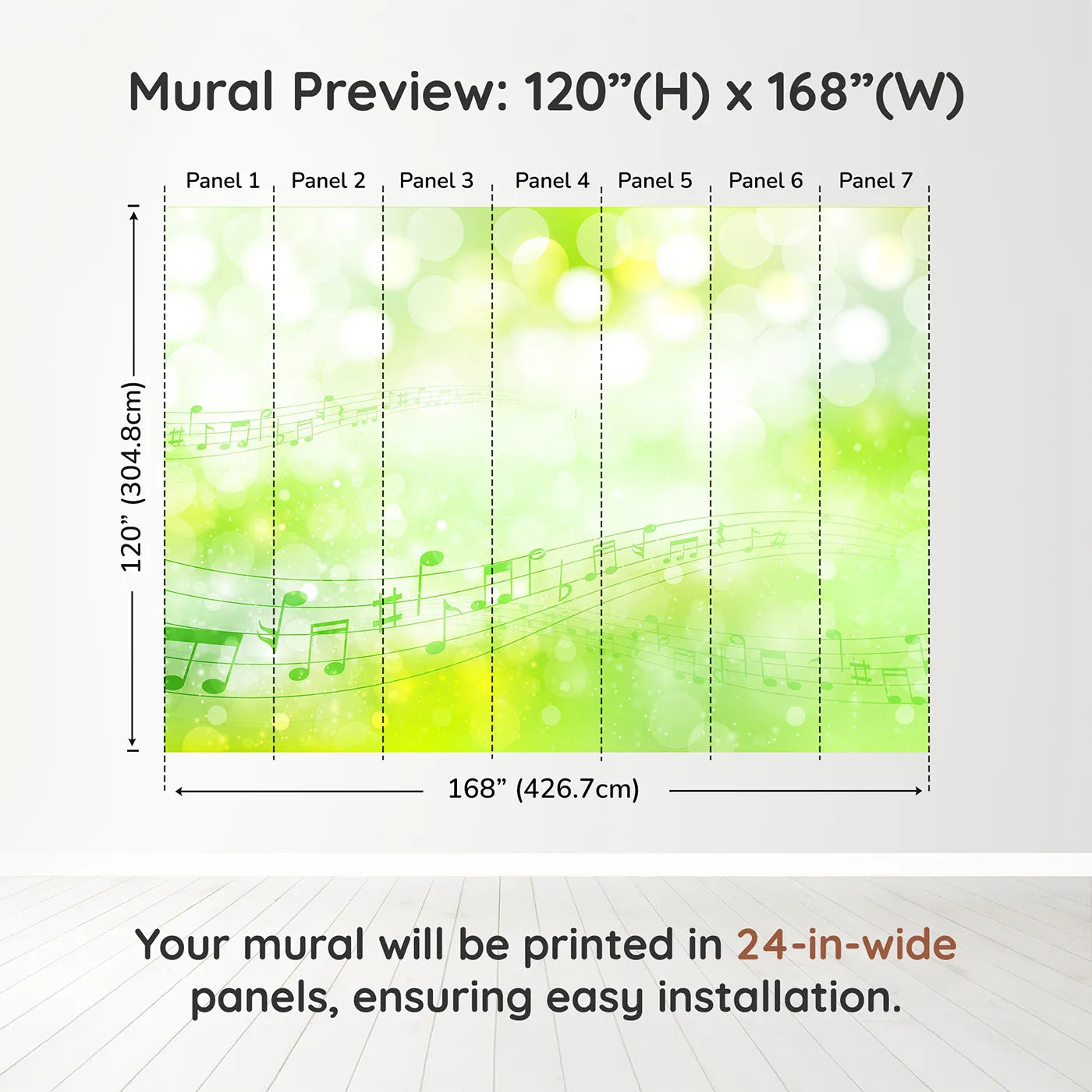 Whimsy Tots Green Music Meadow Wall Muraldimension view (120" H x 168" W). Printed in seven 24-inch-wide panels. Gender-Neutral