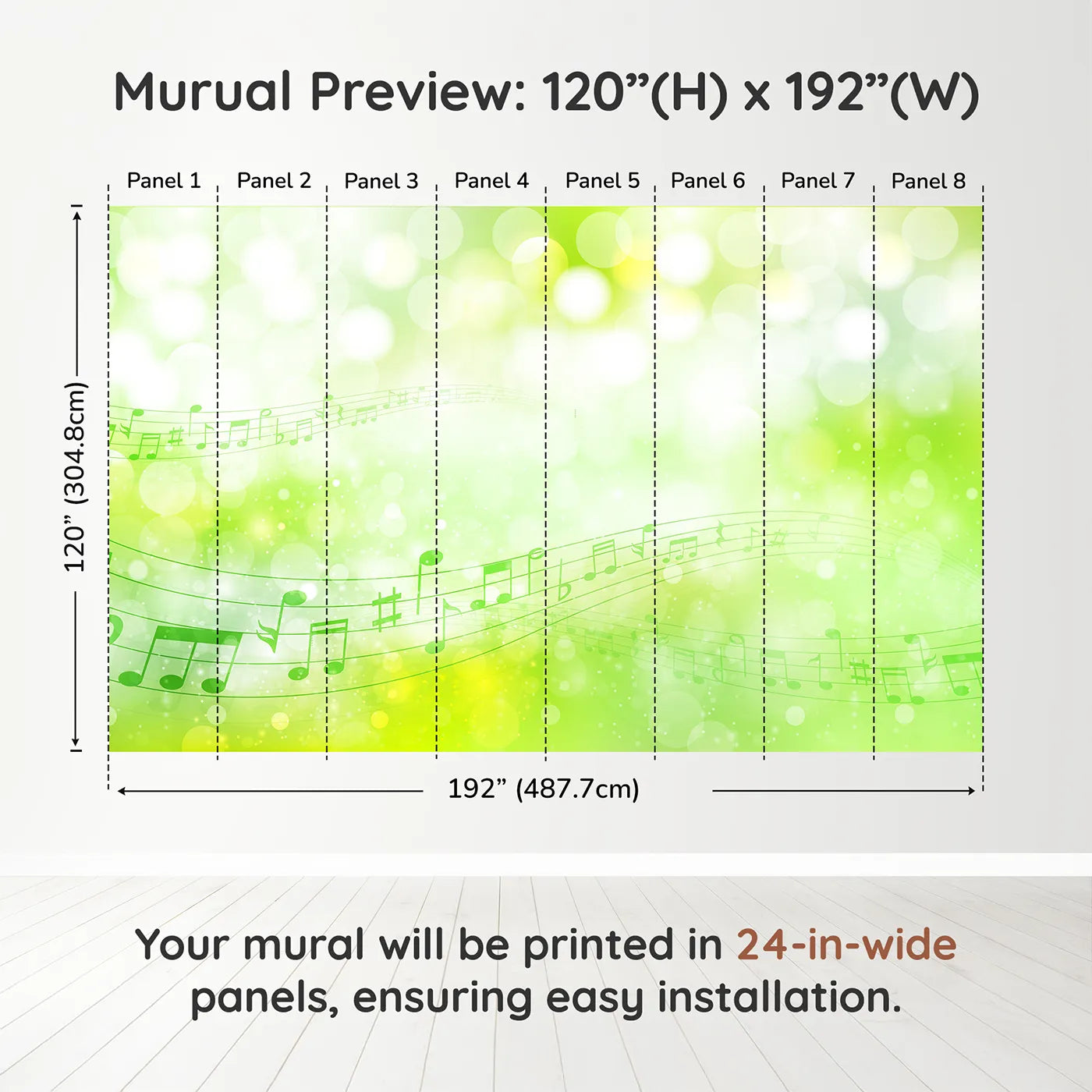 Whimsy Tots Green Music Meadow Wall Muraldimension view (120" H x 192" W). Printed in eight 24-inch-wide panels. Gender-Neutral
