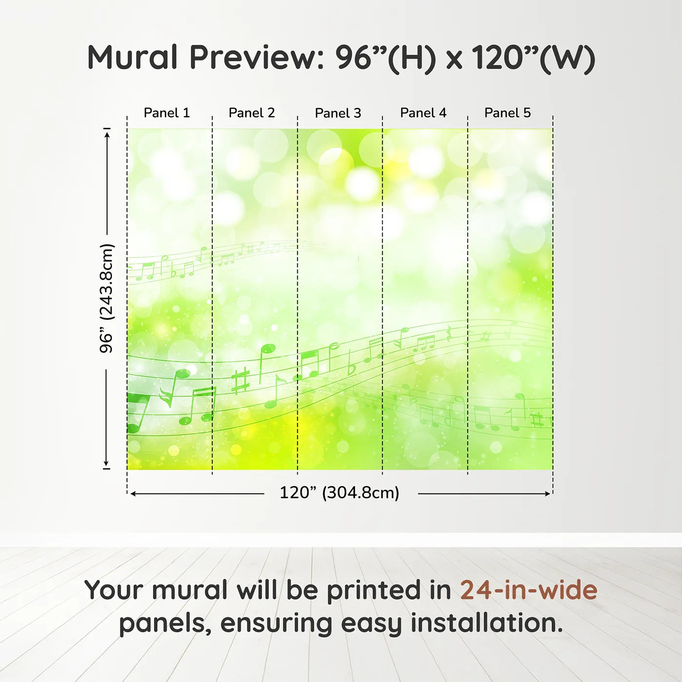 Whimsy Tots Green Music Meadow Wall Muraldimension view (96" H x 120" W). Printed in five 24-inch-wide panels. Gender-Neutral